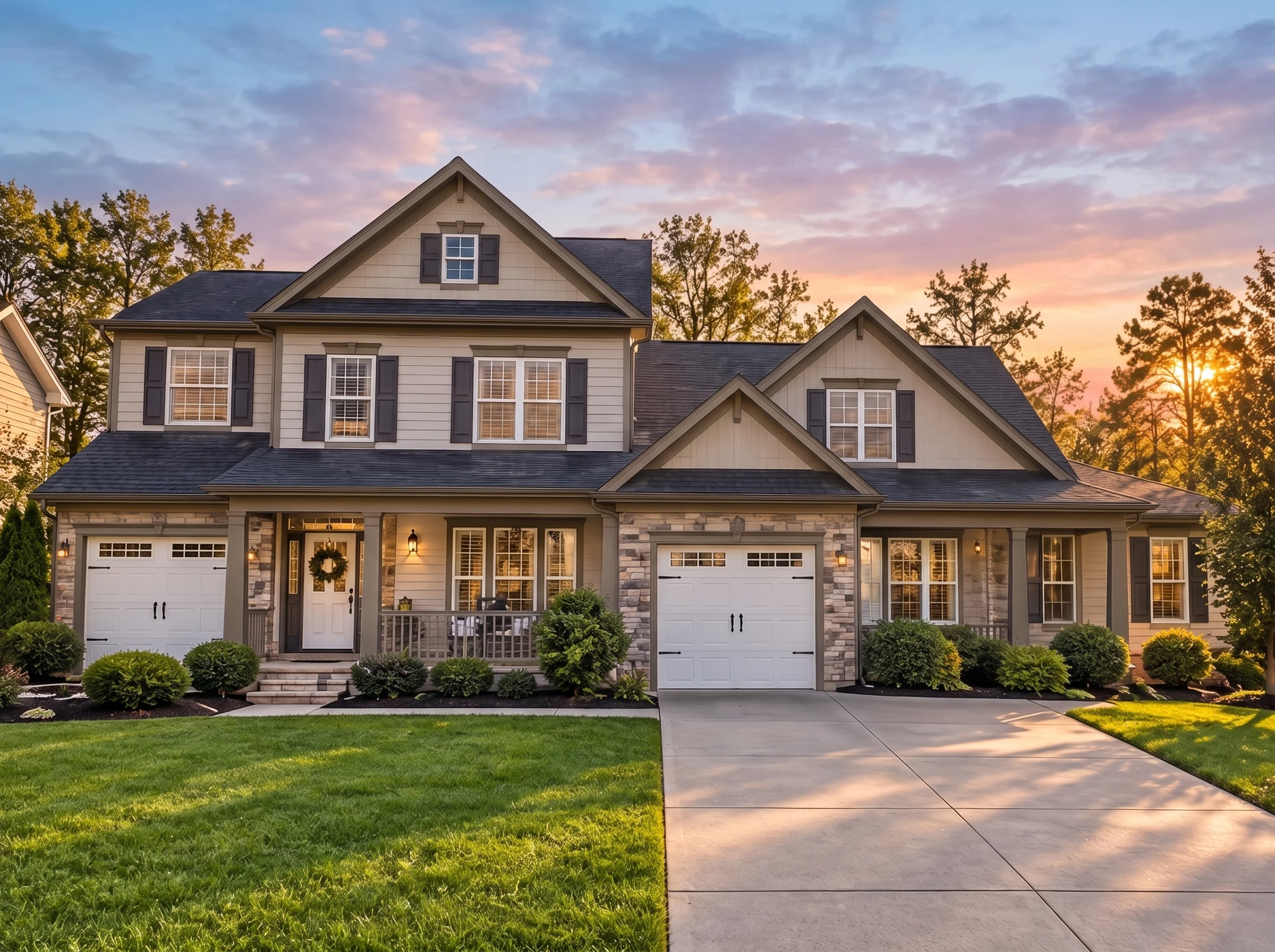Plan  13-1652 – Manor Estates |  Modern Farmhouse Duplex – 3-Bed, 2.5-Bath, 1,950 SF - Mushroom Taupe, AI-generated exterior concept