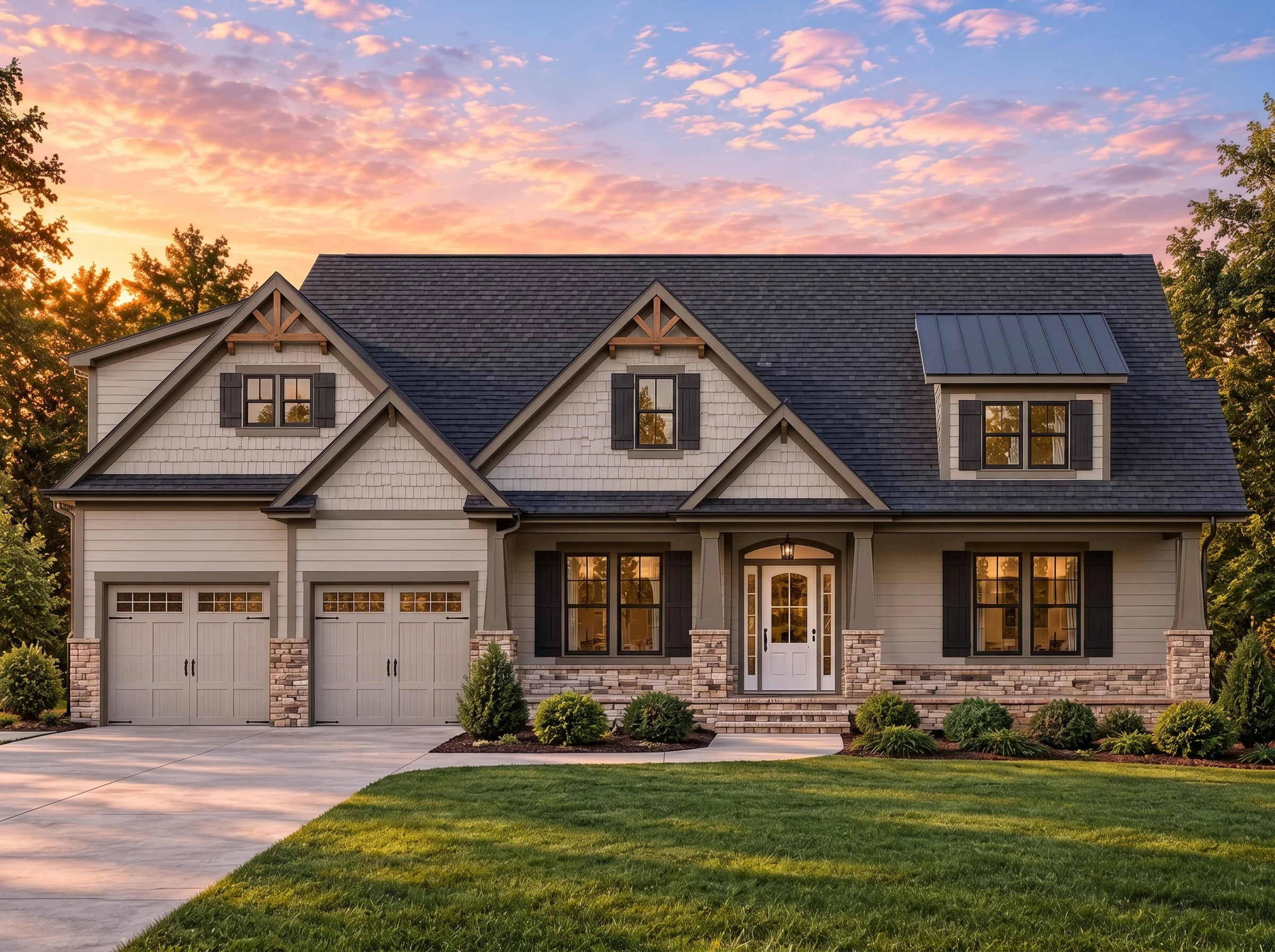 Plan  13-1630 – Aster Brook Chalet |  Craftsman – 5-Bed, 4.5-Bath, 2,875 SF - Mushroom Taupe, AI-generated exterior concept