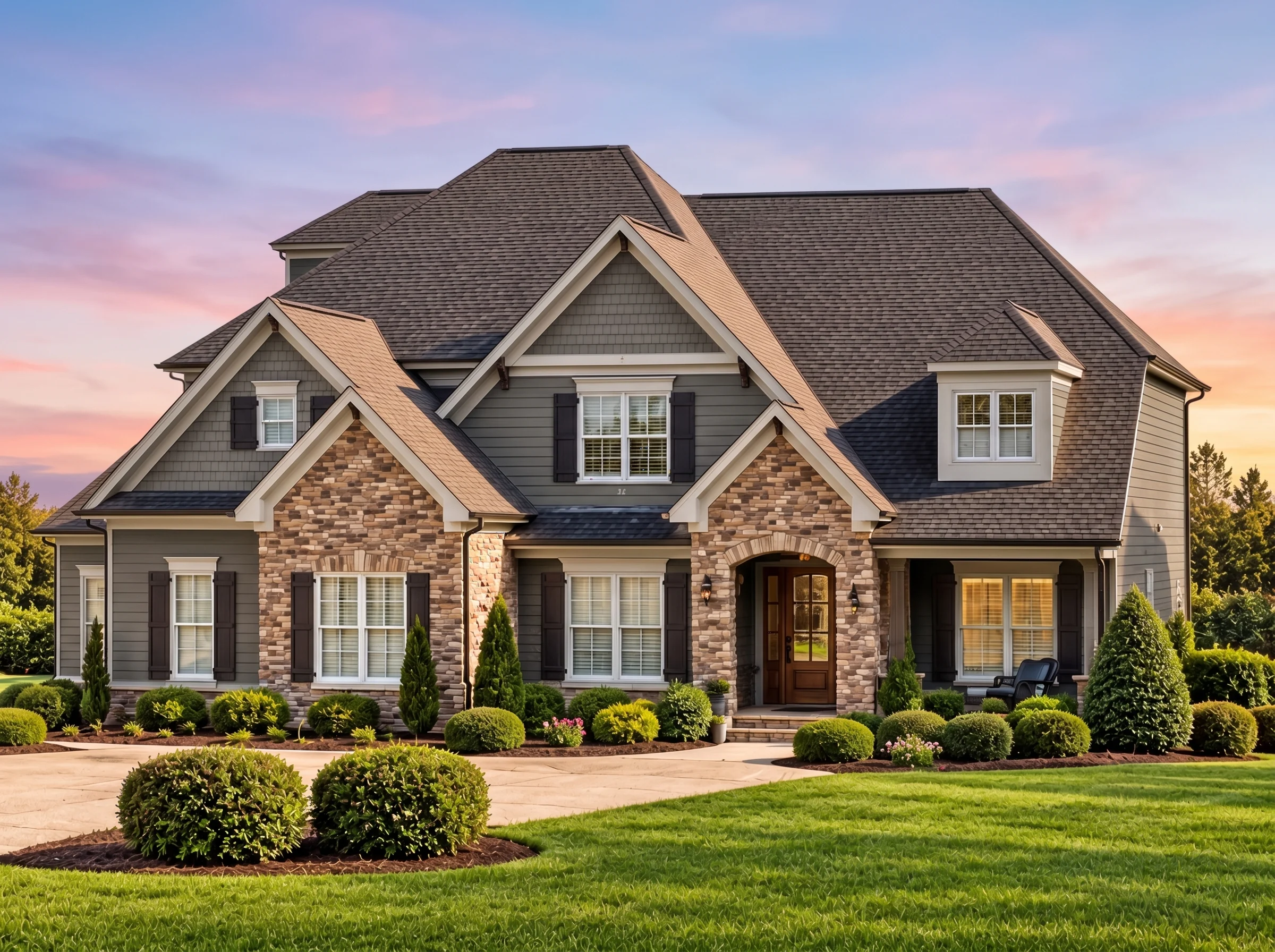Plan  13-1604 – Sycamore Hill Residence | New American – 5-Bed, 4.5-Bath, 4,703 SF - Warm Charcoal, AI-generated exterior concept