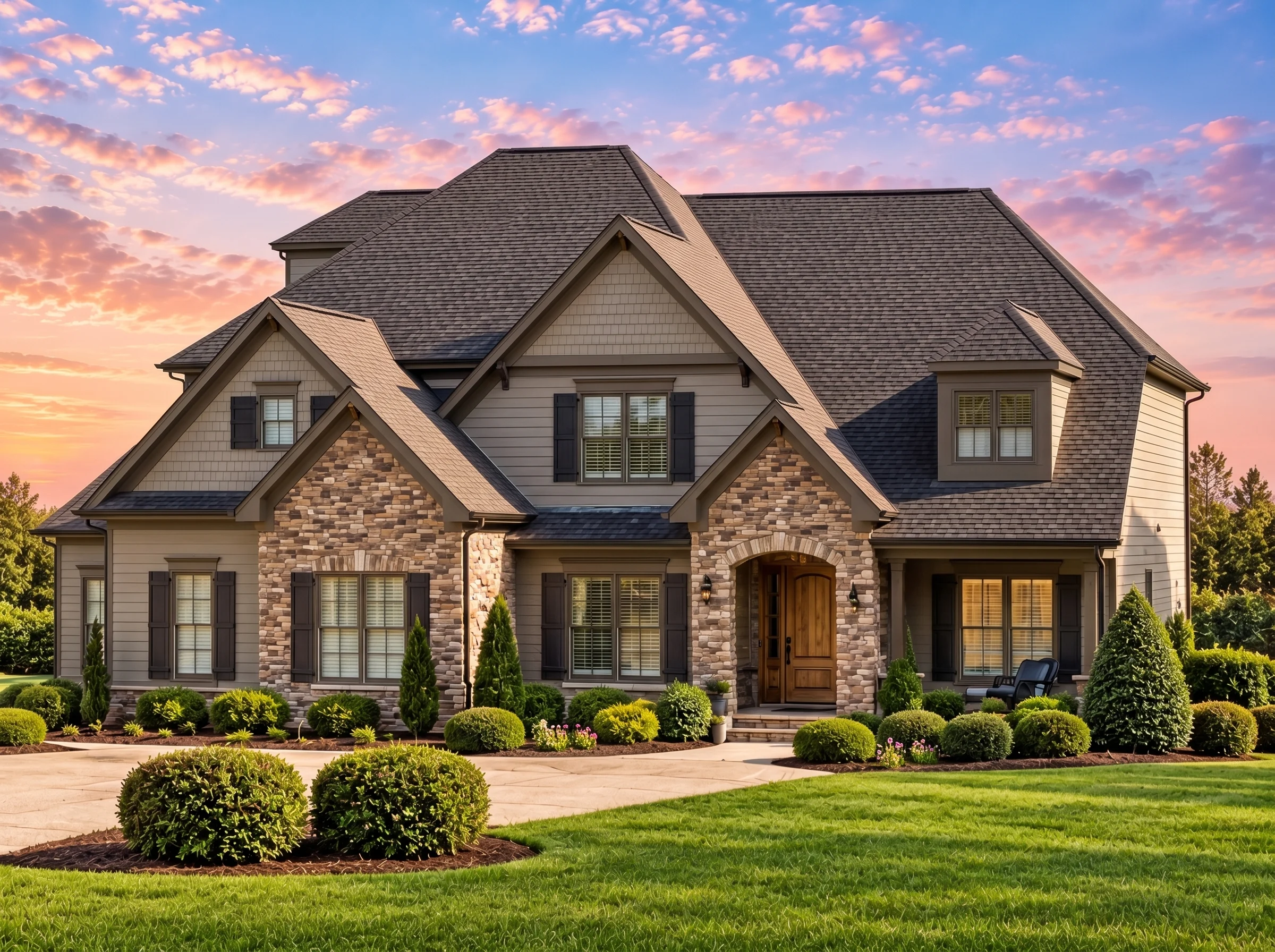 Plan  13-1604 – Sycamore Hill Residence | New American – 5-Bed, 4.5-Bath, 4,703 SF - Mushroom Taupe, AI-generated exterior concept