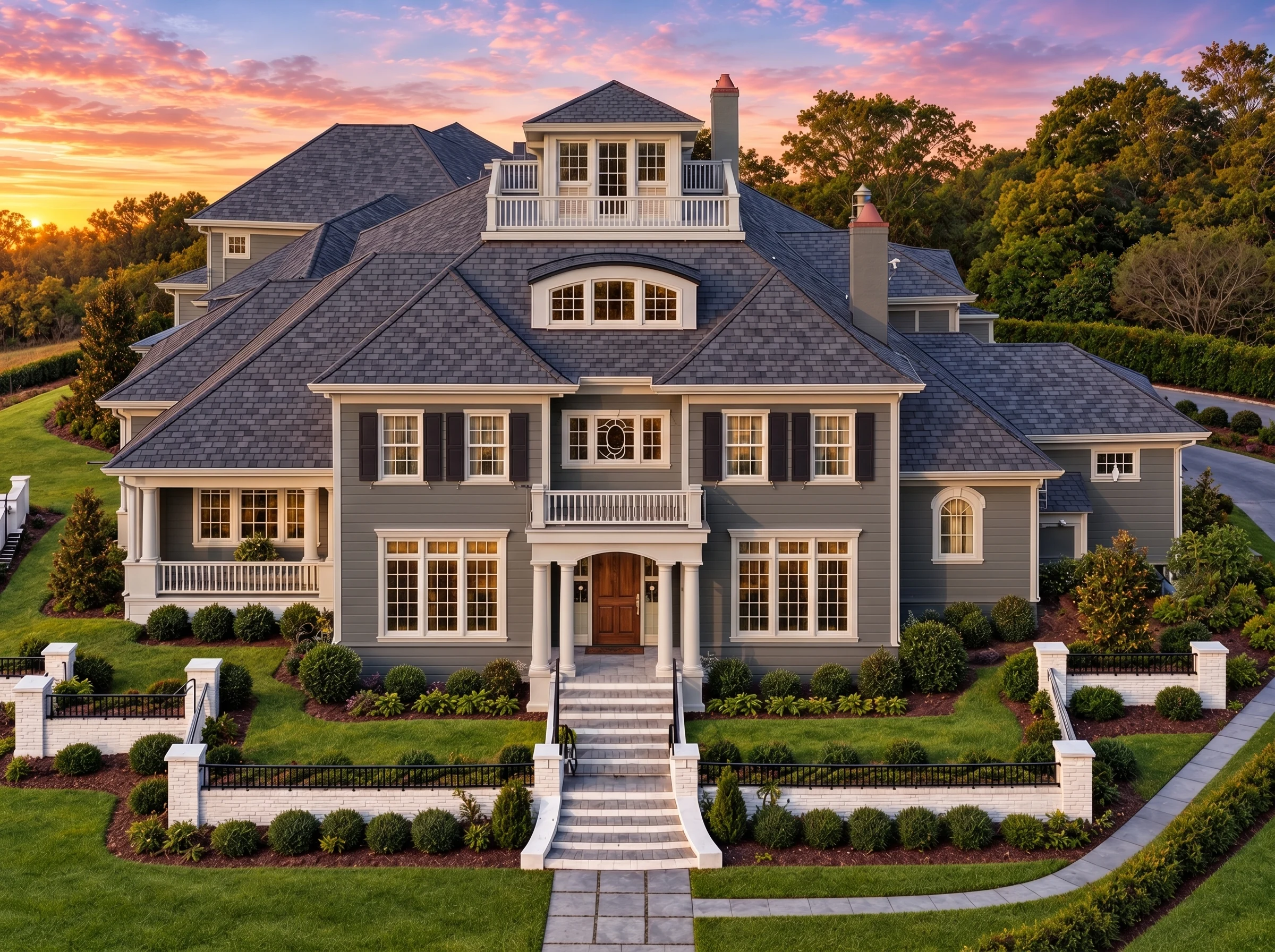 Plan  13-1591 – Plane House |  Colonial – 5-Bed, 5-Bath, 6,290 SF - Warm Charcoal, AI-generated exterior concept