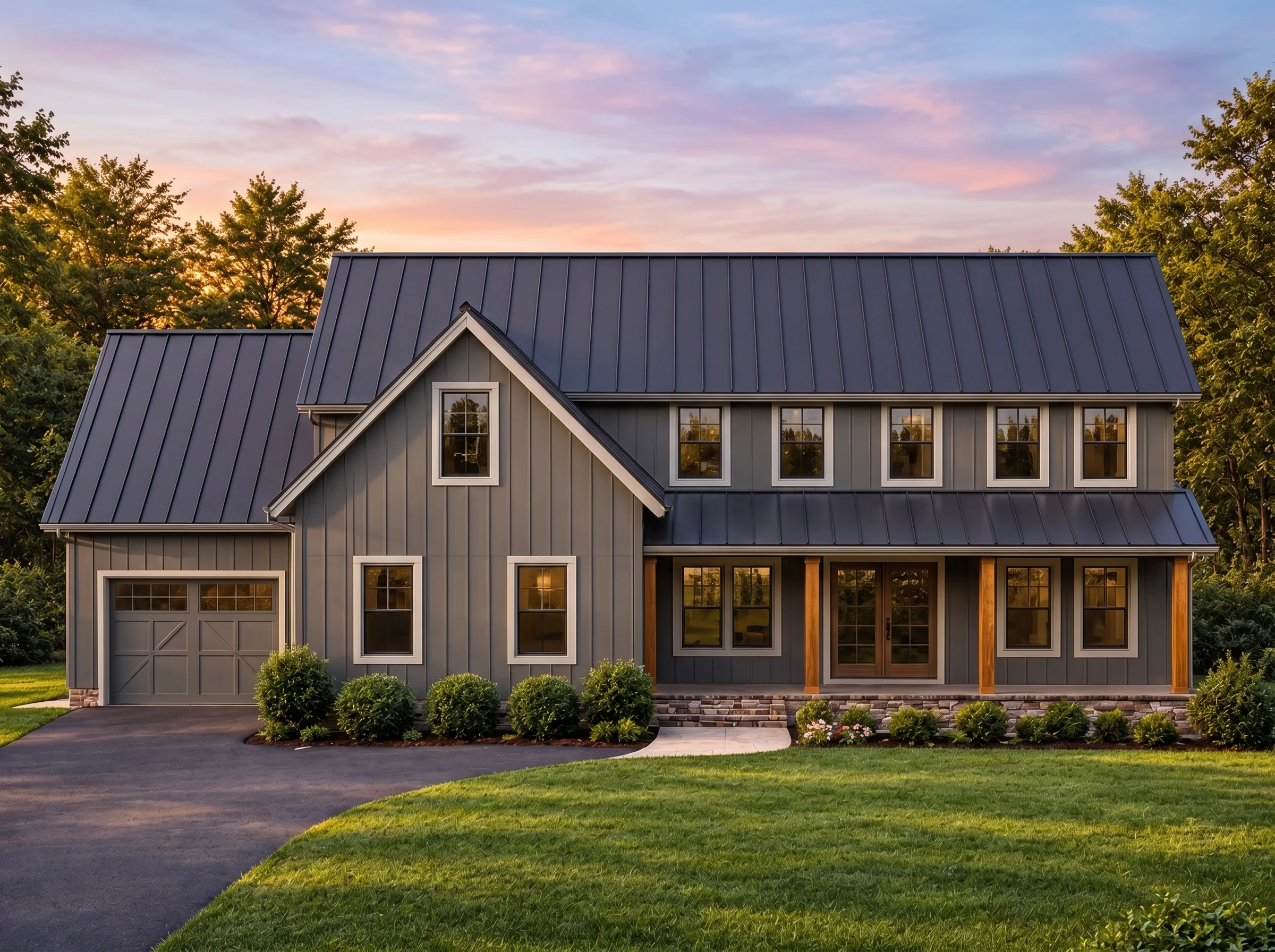 Plan  13-1584 – Spruce Creek Estate  | Modern Farmhouse – 4-Bed, 5-Bath, 4,707 SF - Warm Charcoal, AI-generated exterior concept