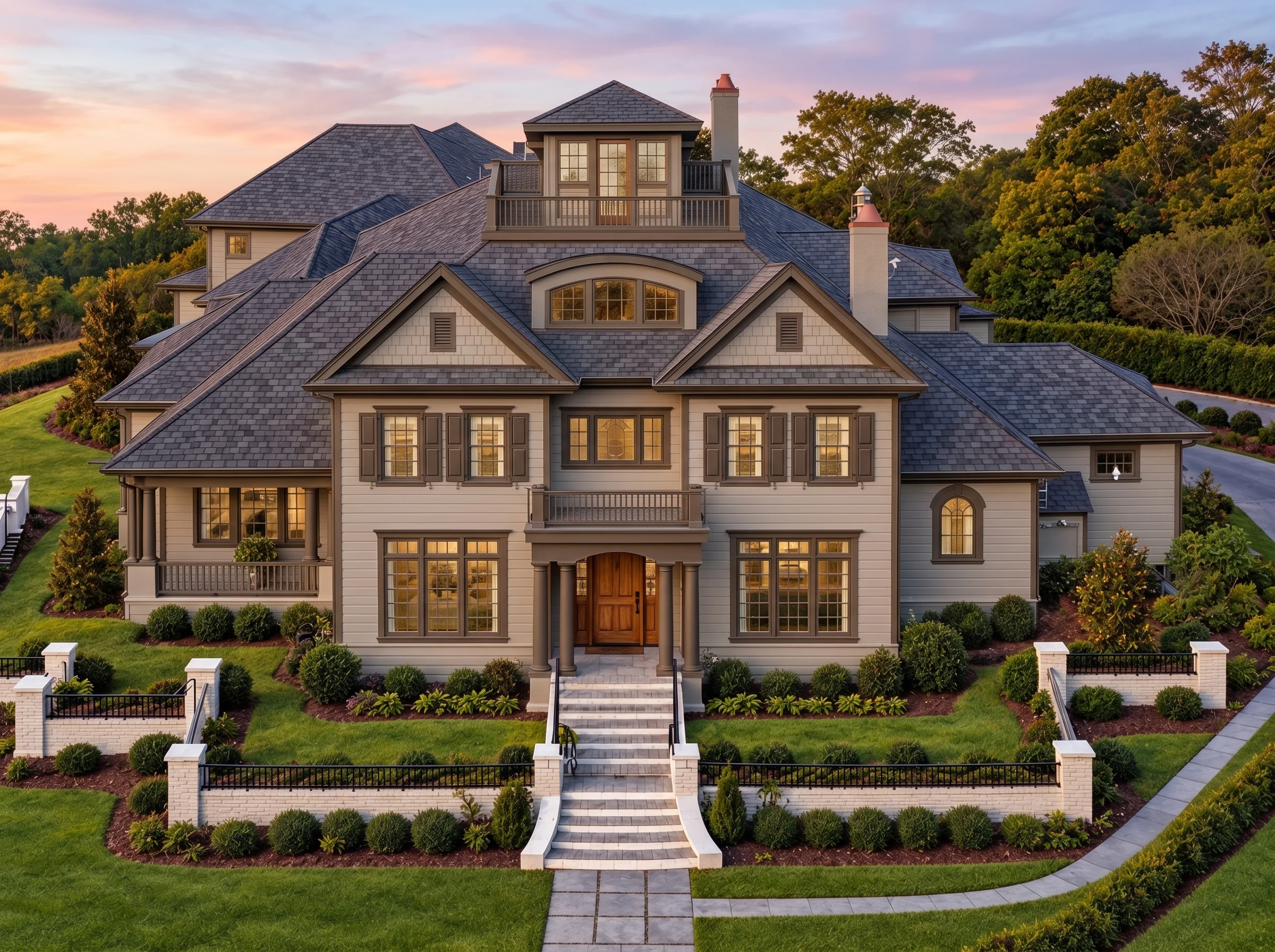 Plan  13-1591 – Plane House |  Colonial – 5-Bed, 5-Bath, 6,290 SF - Mushroom Taupe, AI-generated exterior concept