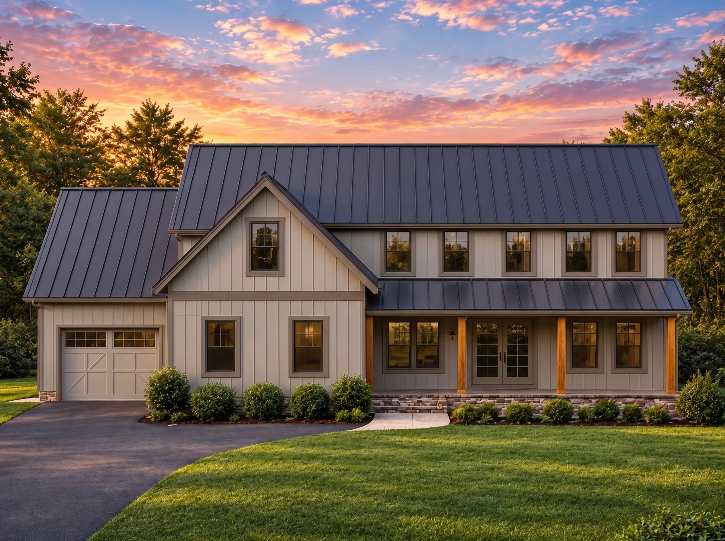 Plan  13-1584 – Spruce Creek Estate  | Modern Farmhouse – 4-Bed, 5-Bath, 4,707 SF - Mushroom Taupe, AI-generated exterior concept