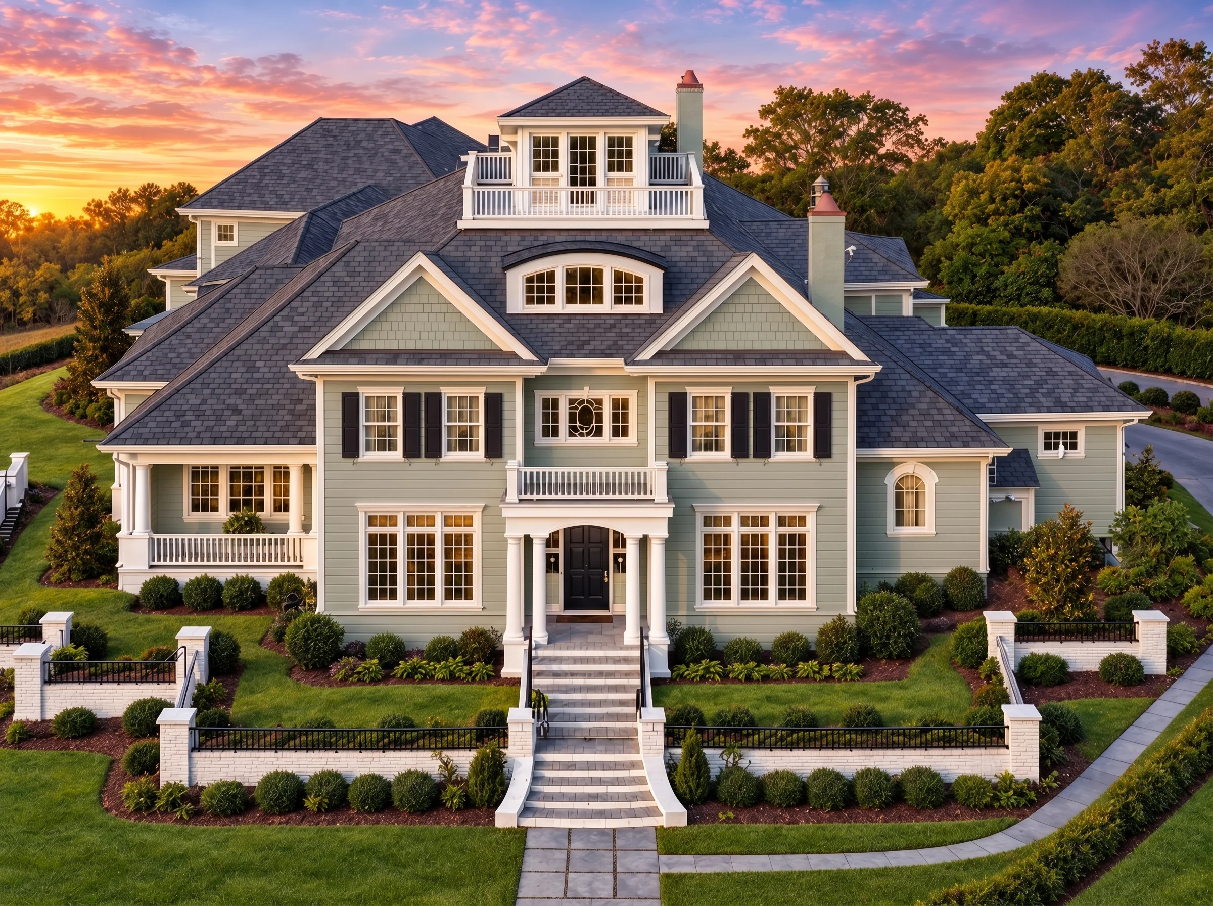Plan  13-1591 – Plane House |  Colonial – 5-Bed, 5-Bath, 6,290 SF - Muted Sage, AI-generated exterior concept