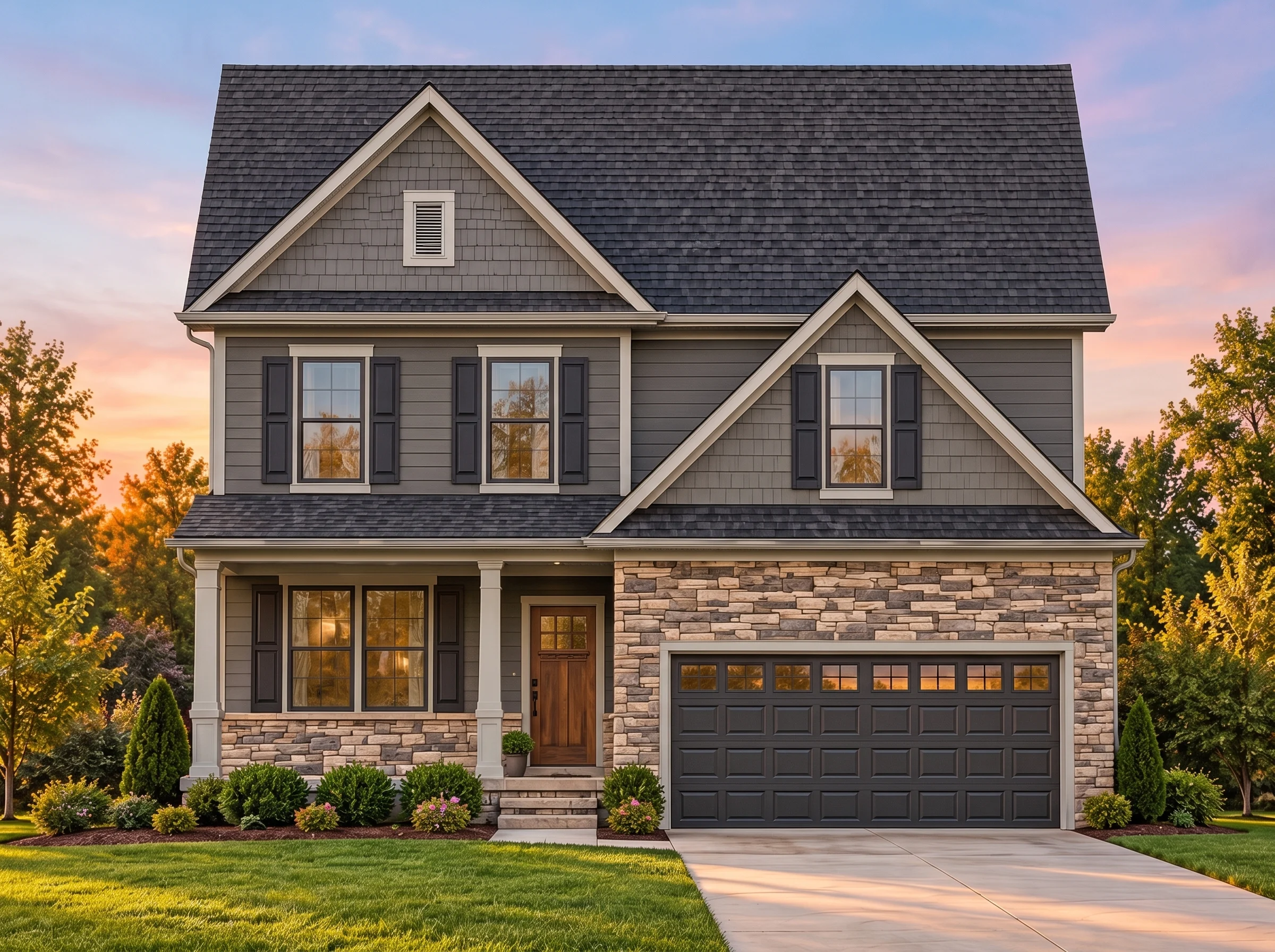 Plan  13-1558 – Auburn Springs Manor  | New American – 4-Bed, 3.5-Bath, 2,354 SF - Warm Charcoal, AI-generated exterior concept