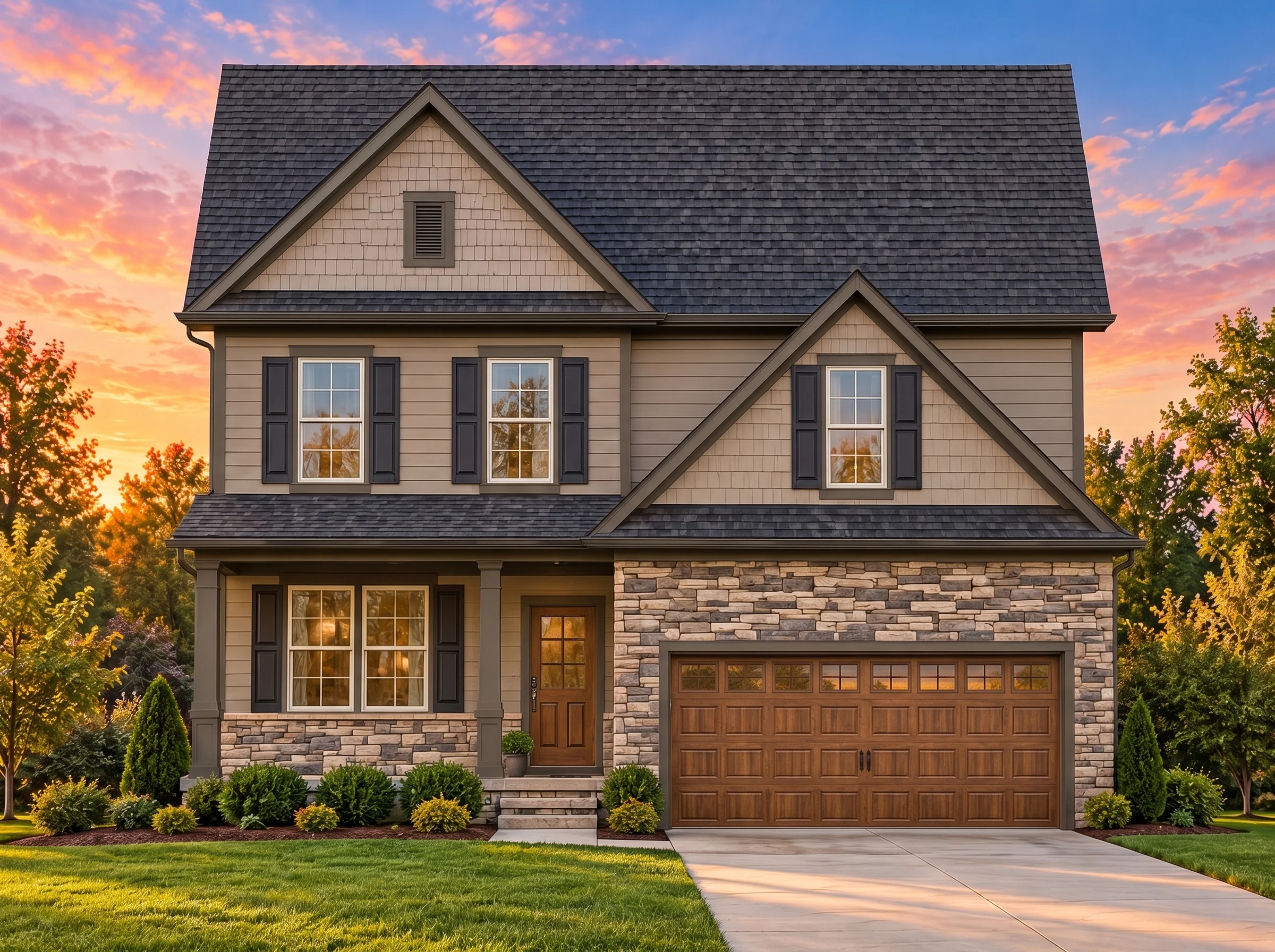 Plan  13-1558 – Auburn Springs Manor  | New American – 4-Bed, 3.5-Bath, 2,354 SF - Mushroom Taupe, AI-generated exterior concept