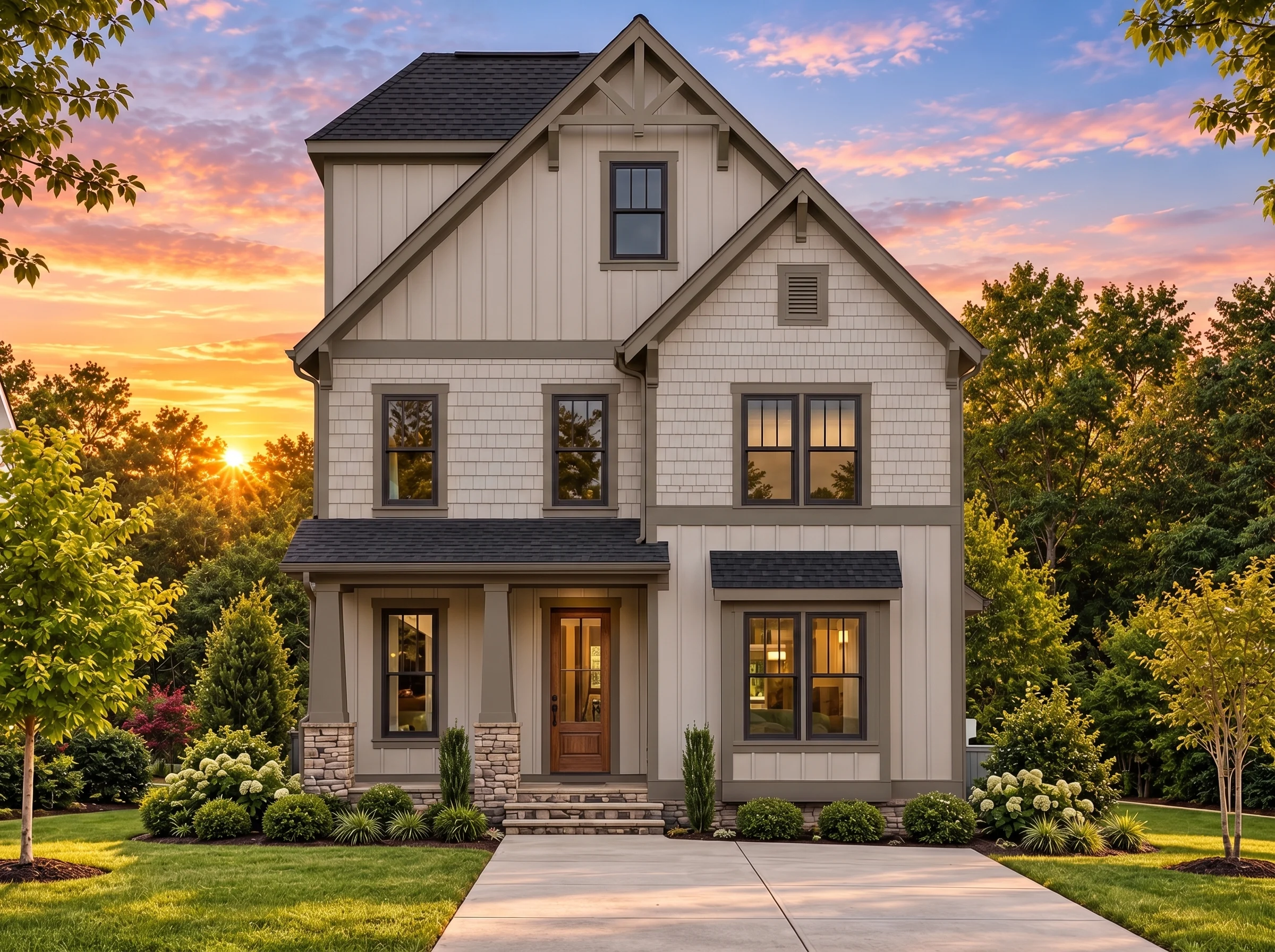 Plan  13-2032 – Linden Valley Cabin  | Traditional Colonial – 4-Bed, 3.5-Bath, 3,145 SF - Mushroom Taupe, AI-generated exterior concept