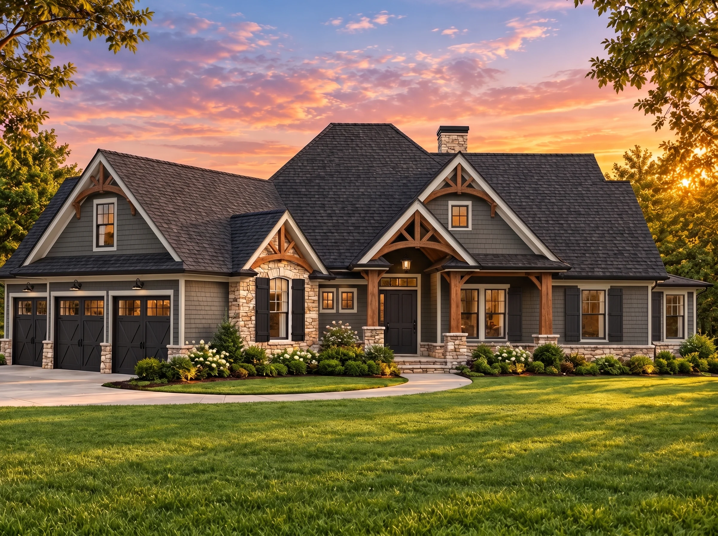 Plan  13-2043 – Aster Lane Manor |  Craftsman – 3-Bed, 2-Bath, 2,440 SF - Warm Charcoal, AI-generated exterior concept