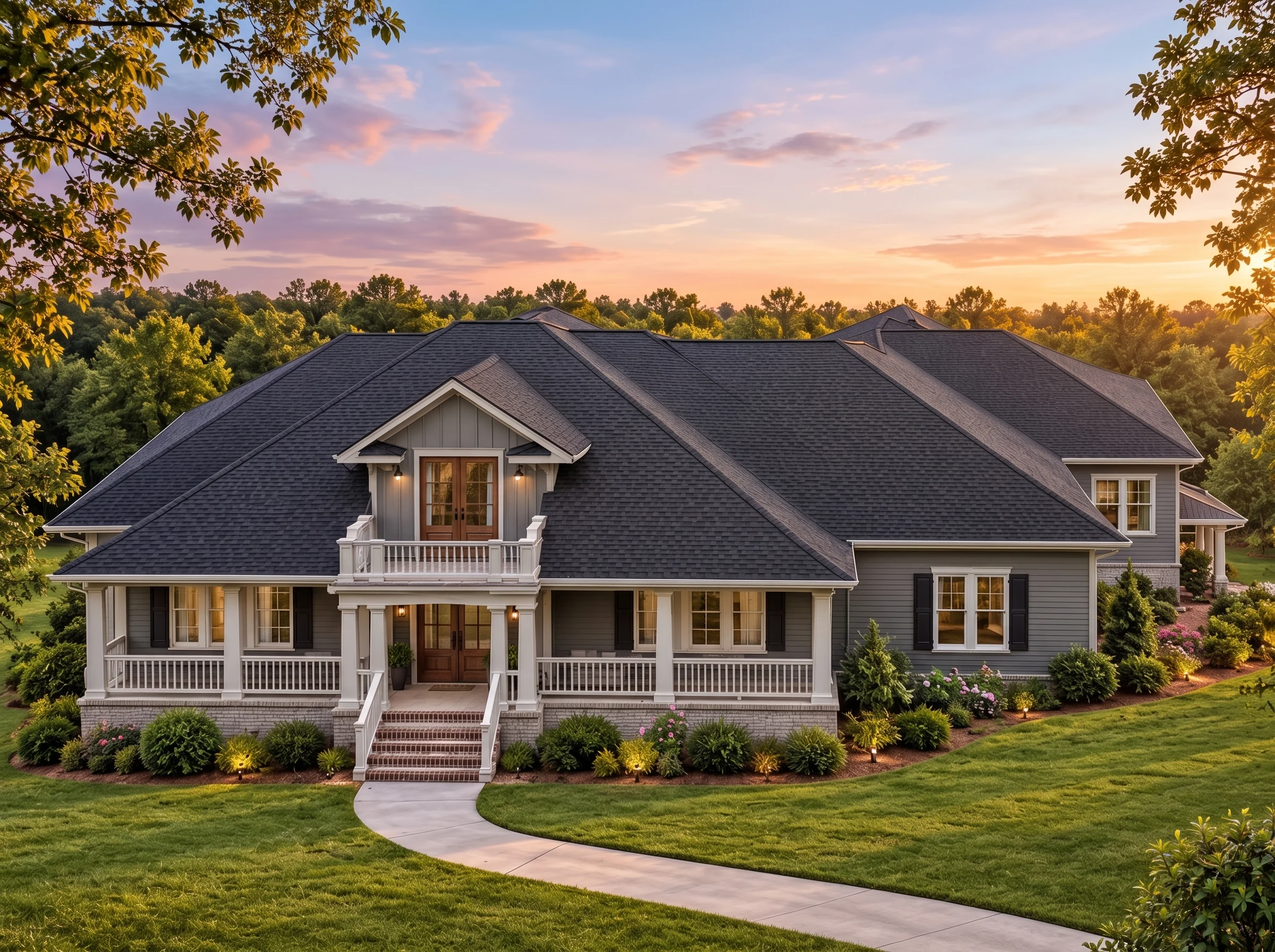 Plan  13-2020 – Shape House |  Southern Traditional – 3-Bed, 4.5-Bath, 3,815 SF - Warm Charcoal, AI-generated exterior concept