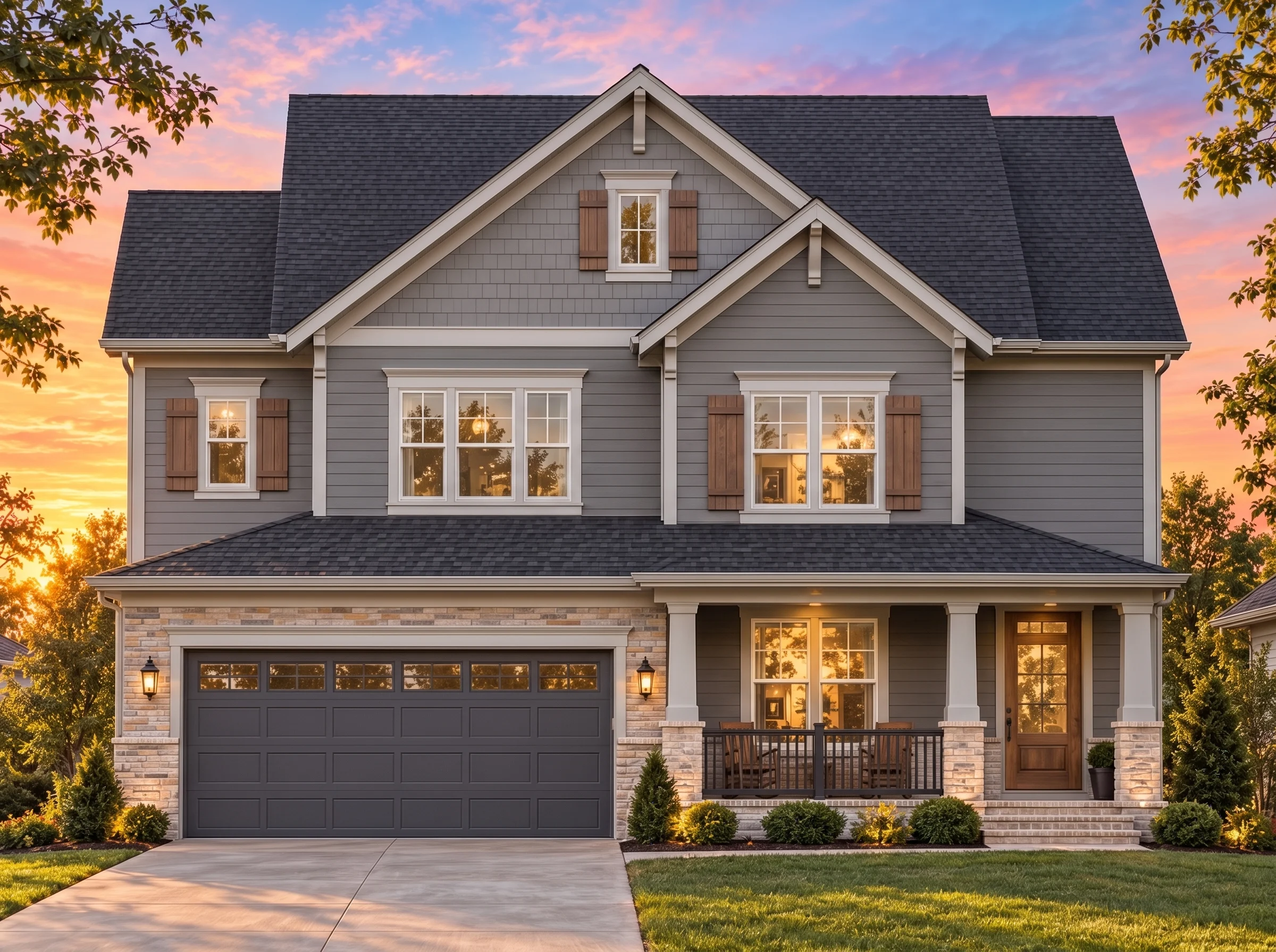 Plan  13-1995 – Aster Garden Villa |  New American – 4-Bed, 3.5-Bath, 2,199 SF - Warm Charcoal, AI-generated exterior concept