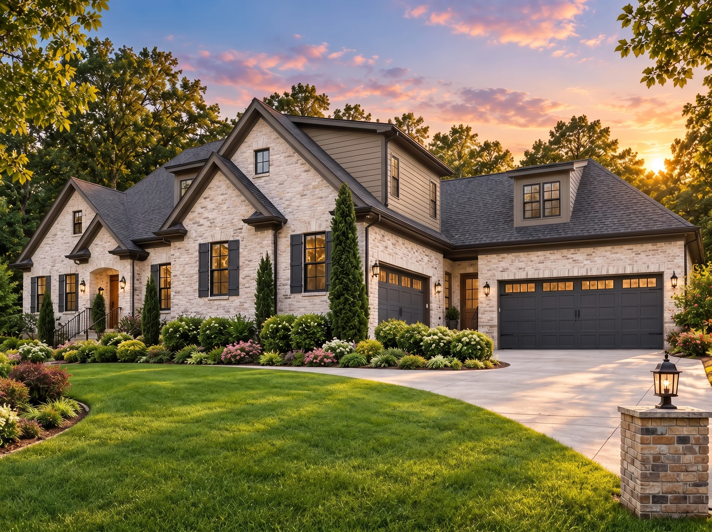 Plan  13-2001 – Aster Lane Chalet |  Traditional – 4-Bed, 5-Bath, 4,185 SF - Mushroom Taupe, AI-generated exterior concept