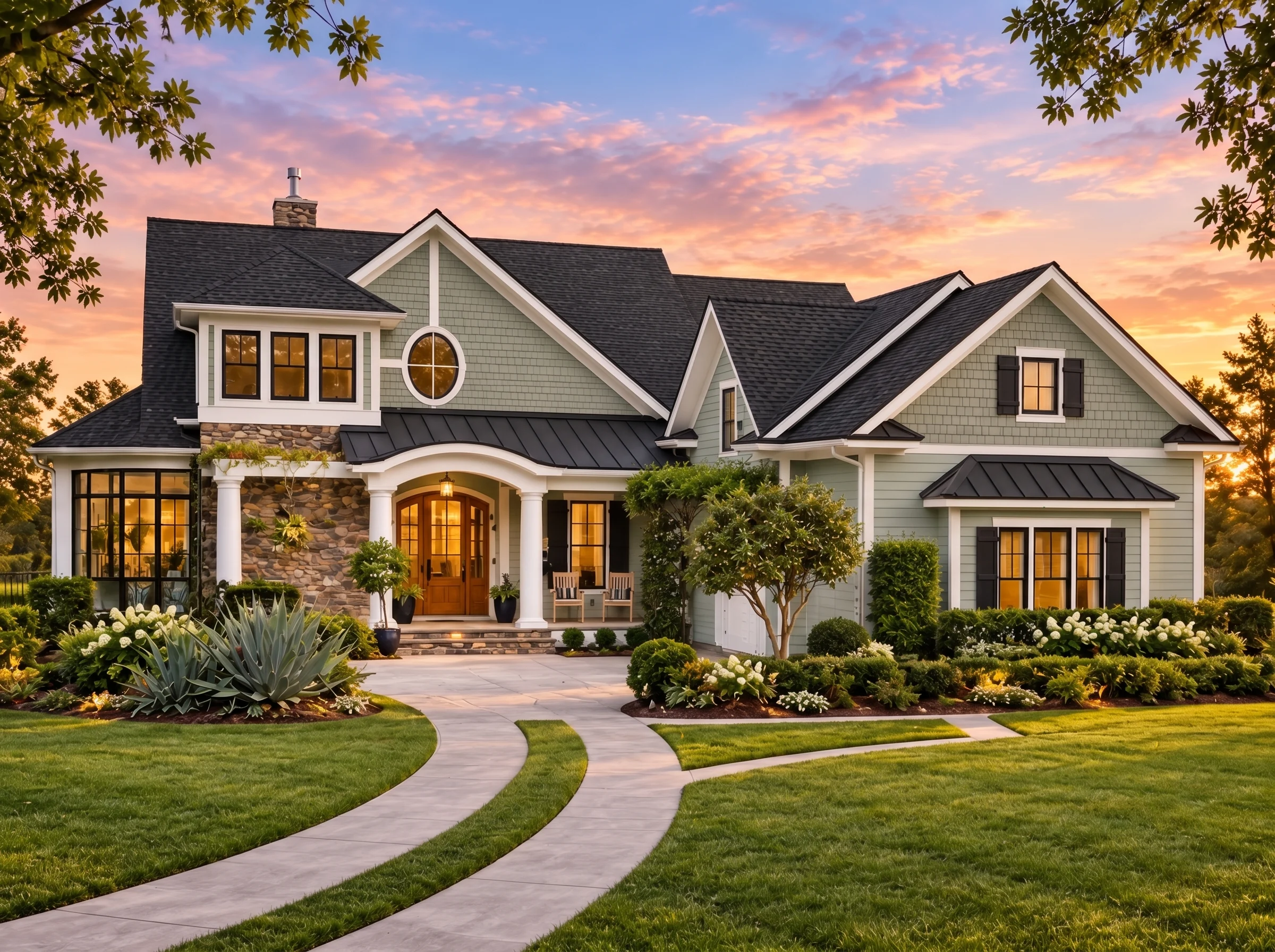 Plan  13-1916 – Fairbanks Crossing |  New American – 4-Bed, 4.5-Bath, 5,554 SF - Muted Sage, AI-generated exterior concept