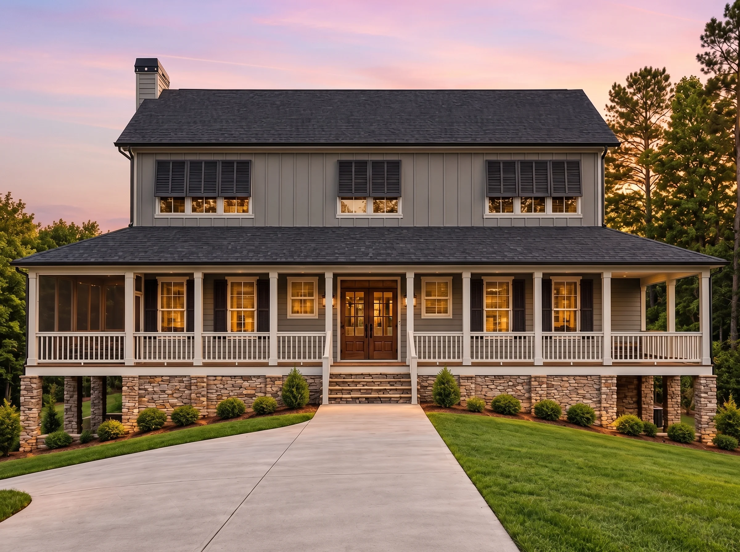 Plan  13-1822 – Auburn Bend Farm |  Low Country – 5-Bed, 3-Bath, 3,801 SF - Warm Charcoal, AI-generated exterior concept