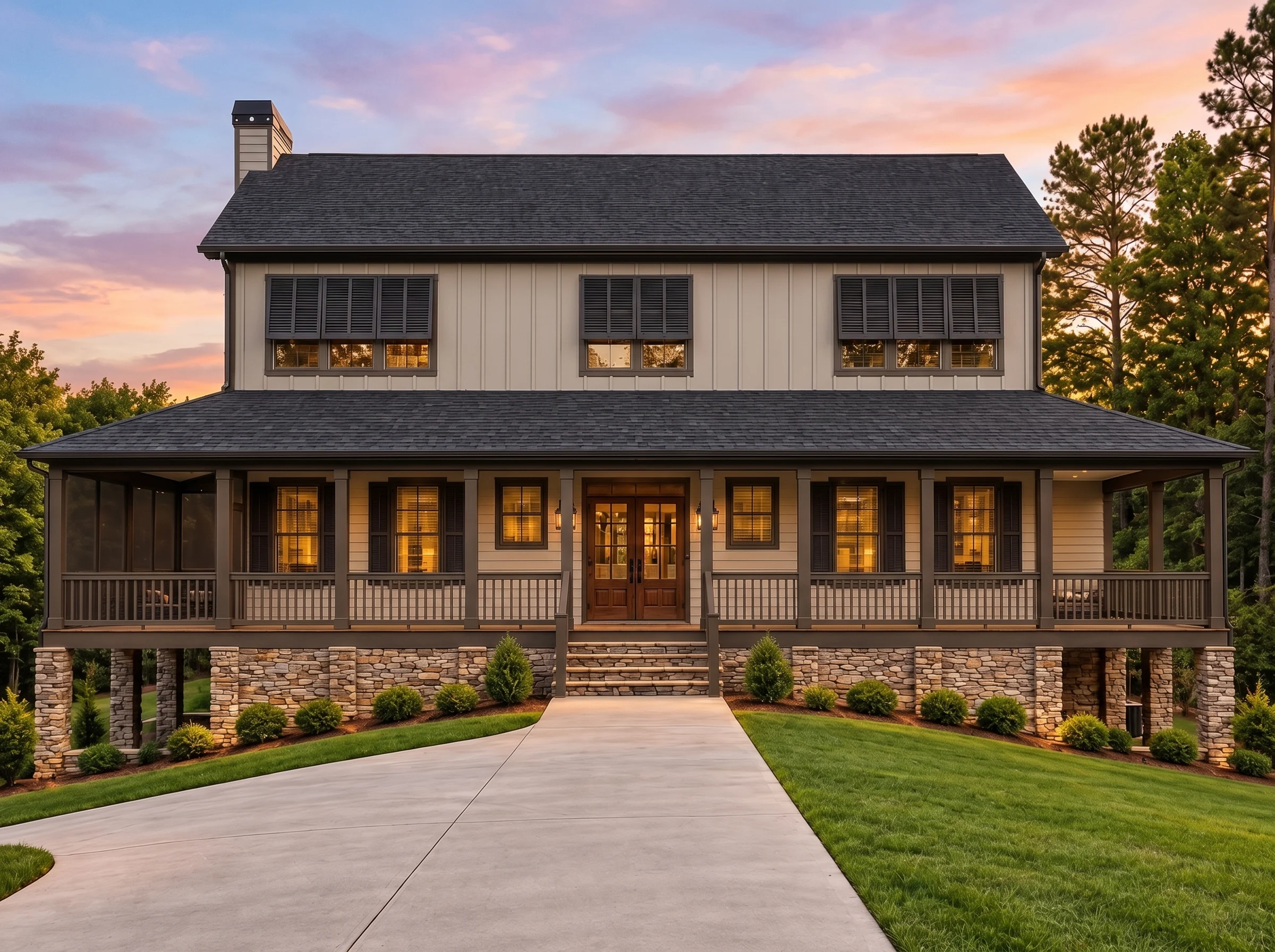 Plan  13-1822 – Auburn Bend Farm |  Low Country – 5-Bed, 3-Bath, 3,801 SF - Mushroom Taupe, AI-generated exterior concept