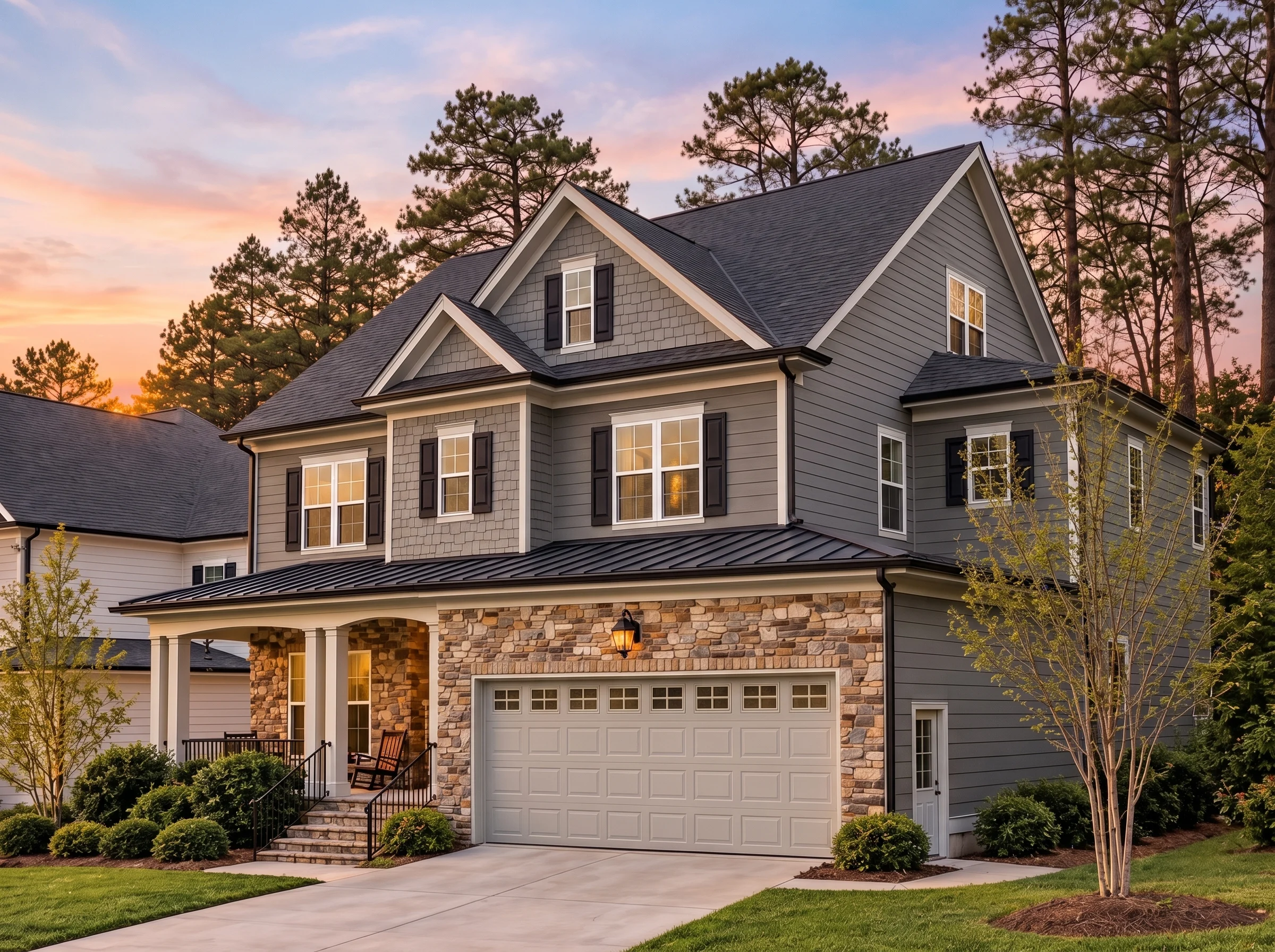 Plan  13-1831A – Auburn View Retreat  | New American – 4-Bed, 4-Bath, 3,389 SF - Warm Charcoal, AI-generated exterior concept