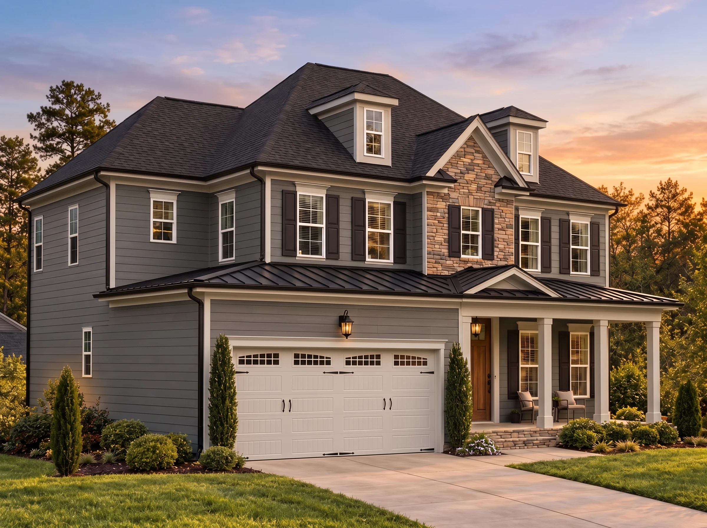 Plan  13-1831B – Pecan Shores Retreat  | Traditional Colonial – 4-Bed, 4.5-Bath, 3,659 SF - Warm Charcoal, AI-generated exterior concept