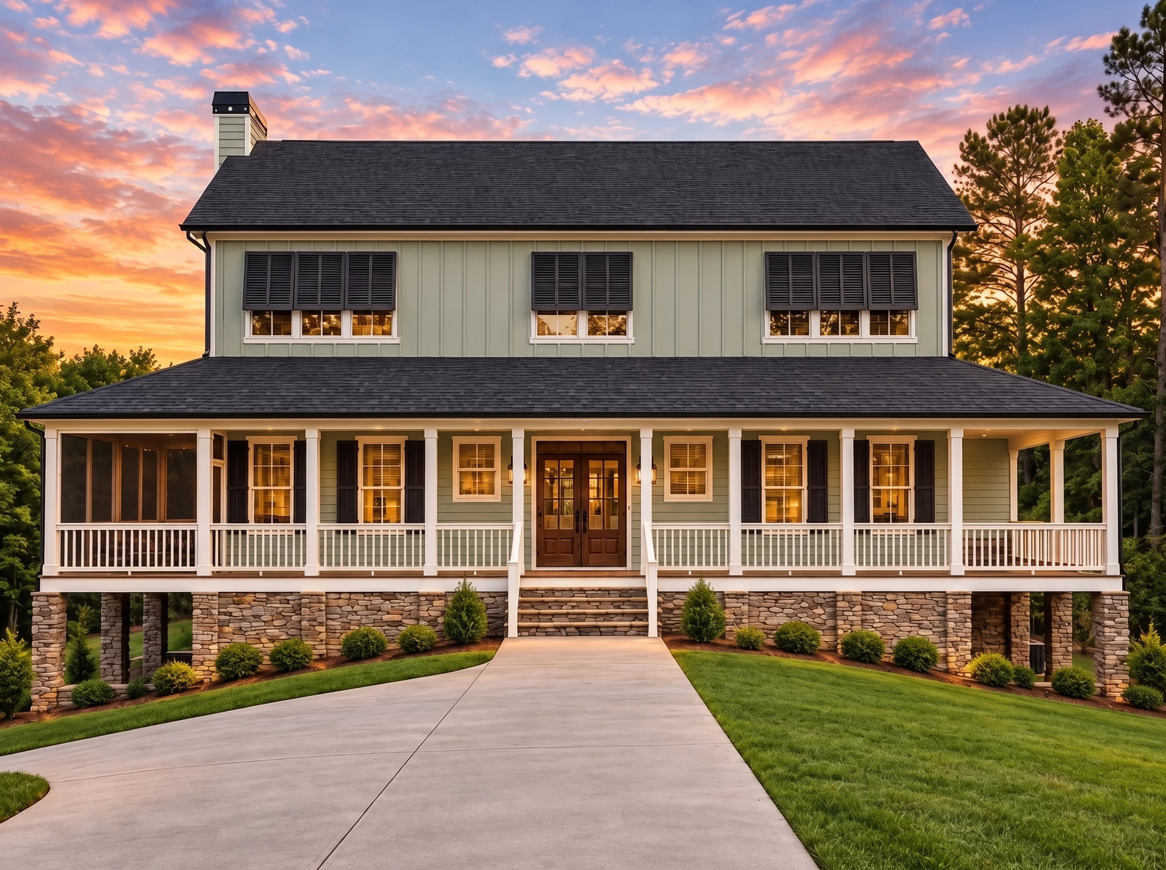 Plan  13-1822 – Auburn Bend Farm |  Low Country – 5-Bed, 3-Bath, 3,801 SF - Muted Sage, AI-generated exterior concept