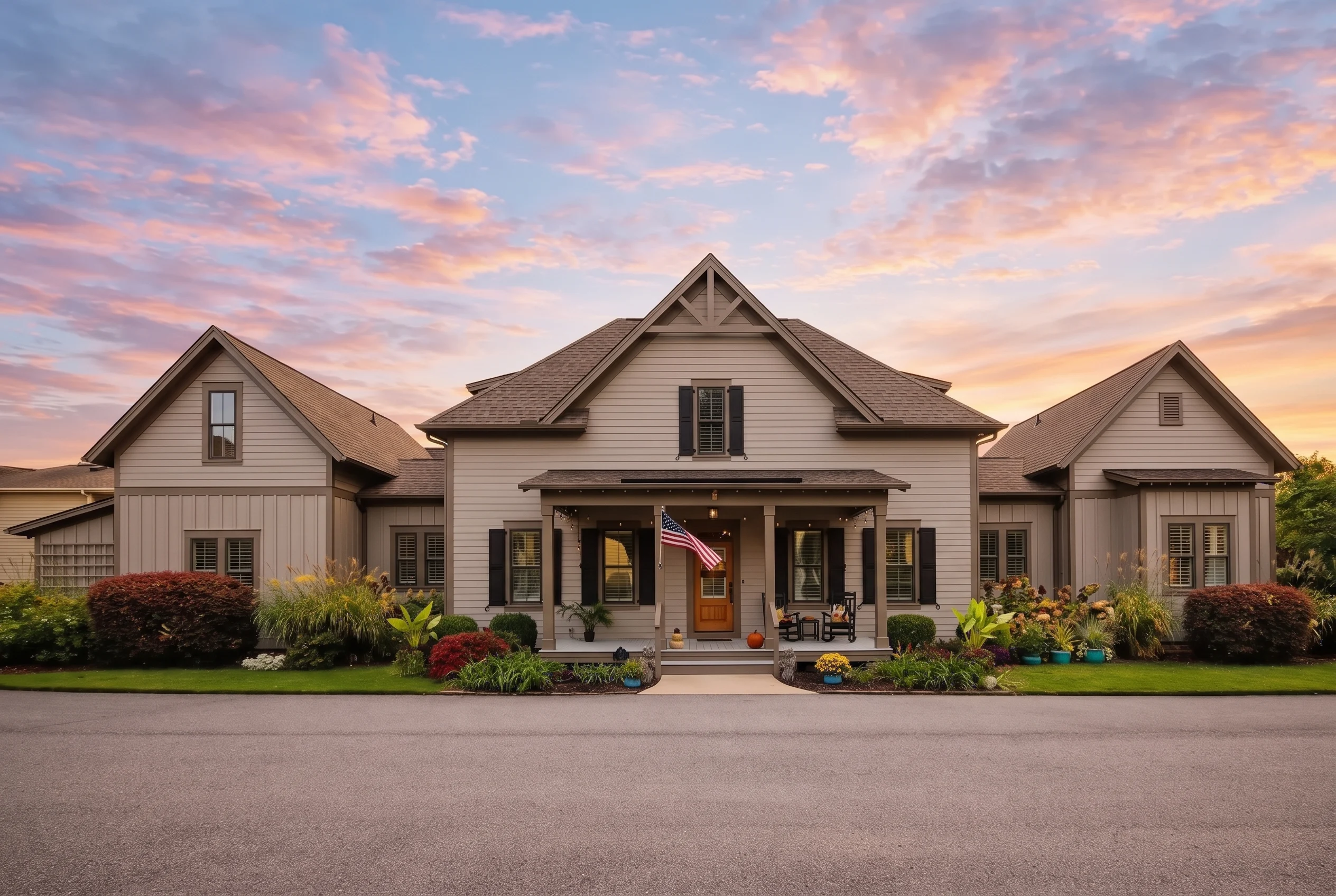 Plan  13-1824 – Aster Lane Cottage |  Modern Farmhouse – 3-Bed, 3-Bath, 2,906 SF - Mushroom Taupe, AI-generated exterior concept