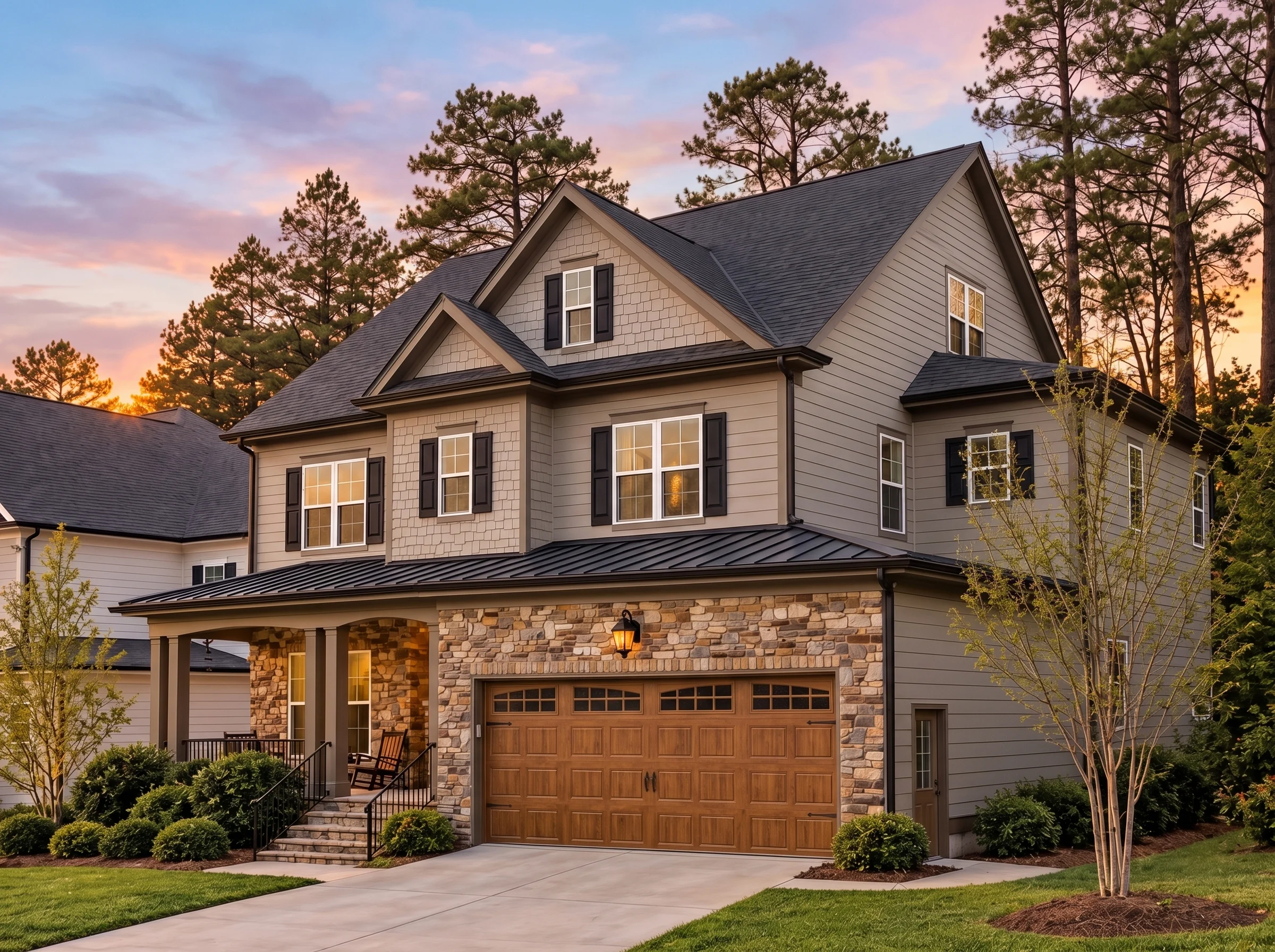 Plan  13-1831A – Auburn View Retreat  | New American – 4-Bed, 4-Bath, 3,389 SF - Mushroom Taupe, AI-generated exterior concept