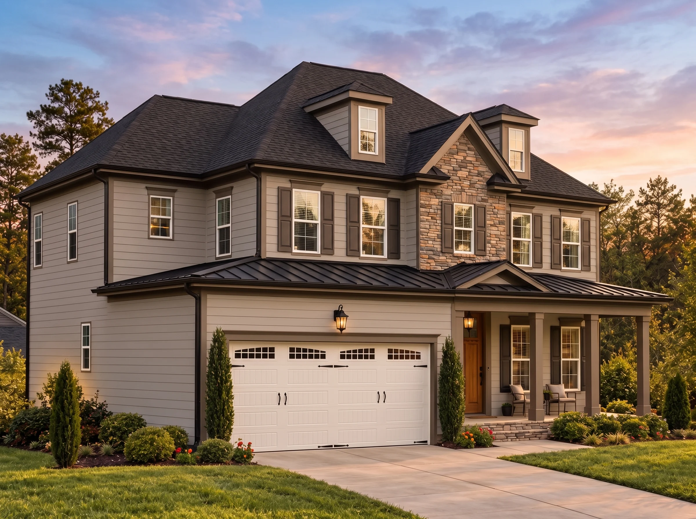 Plan  13-1831B – Pecan Shores Retreat  | Traditional Colonial – 4-Bed, 4.5-Bath, 3,659 SF - Mushroom Taupe, AI-generated exterior concept