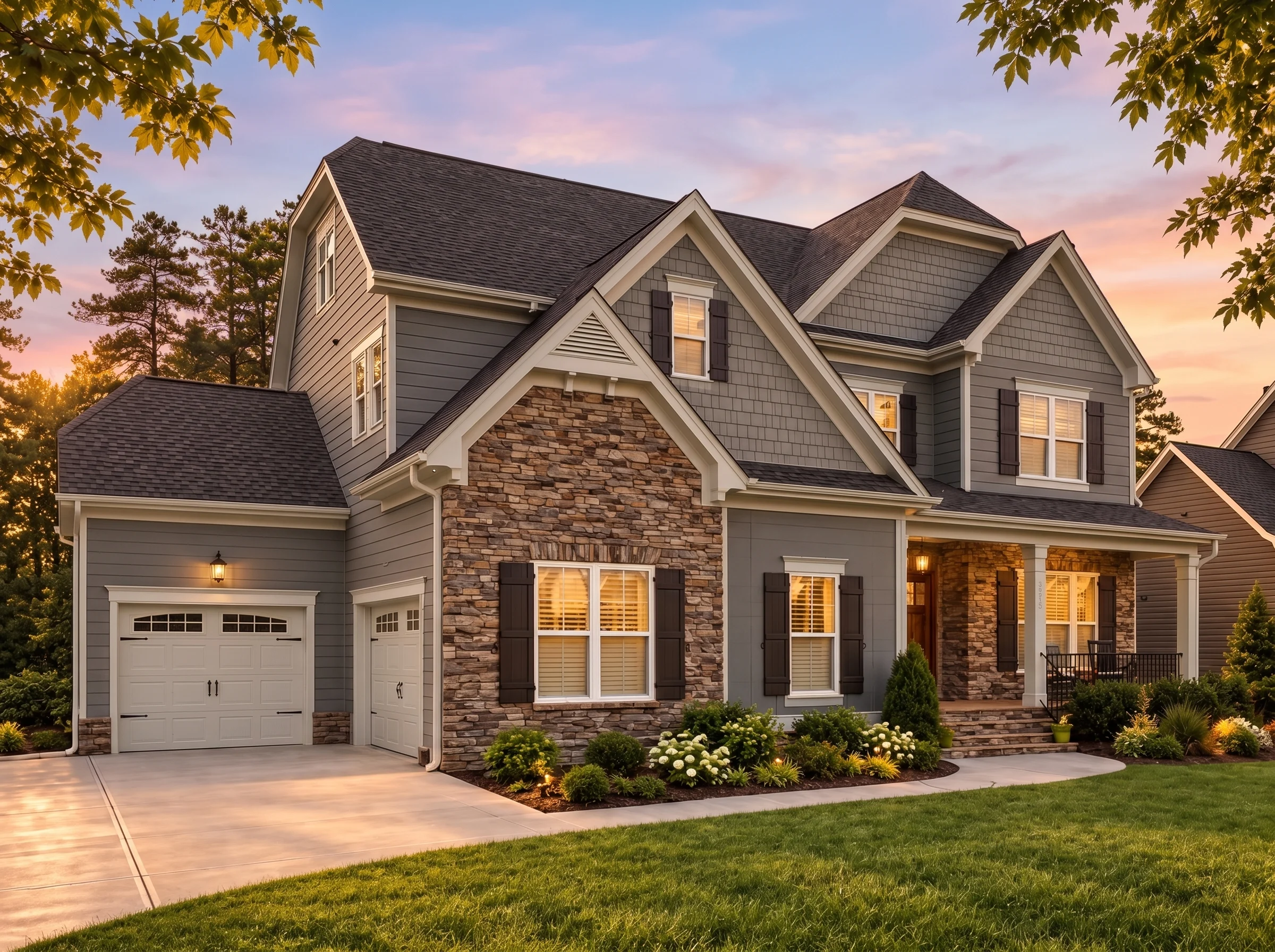 Plan  13-1849 – Auburn Brook Homestead  | New American – 5-Bed, 5-Bath, 3,885 SF - Warm Charcoal, AI-generated exterior concept