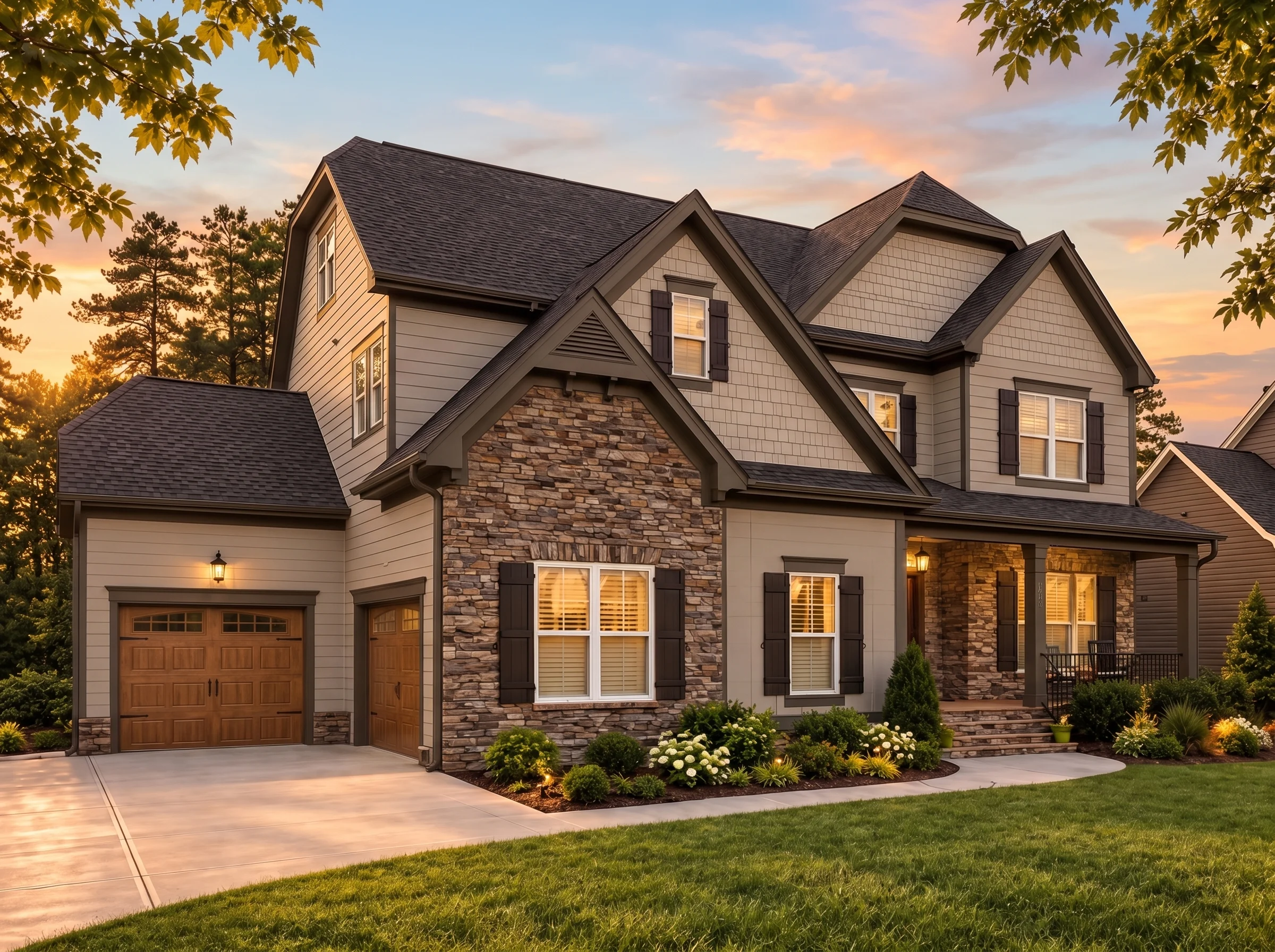 Plan  13-1849 – Auburn Brook Homestead  | New American – 5-Bed, 5-Bath, 3,885 SF - Mushroom Taupe, AI-generated exterior concept