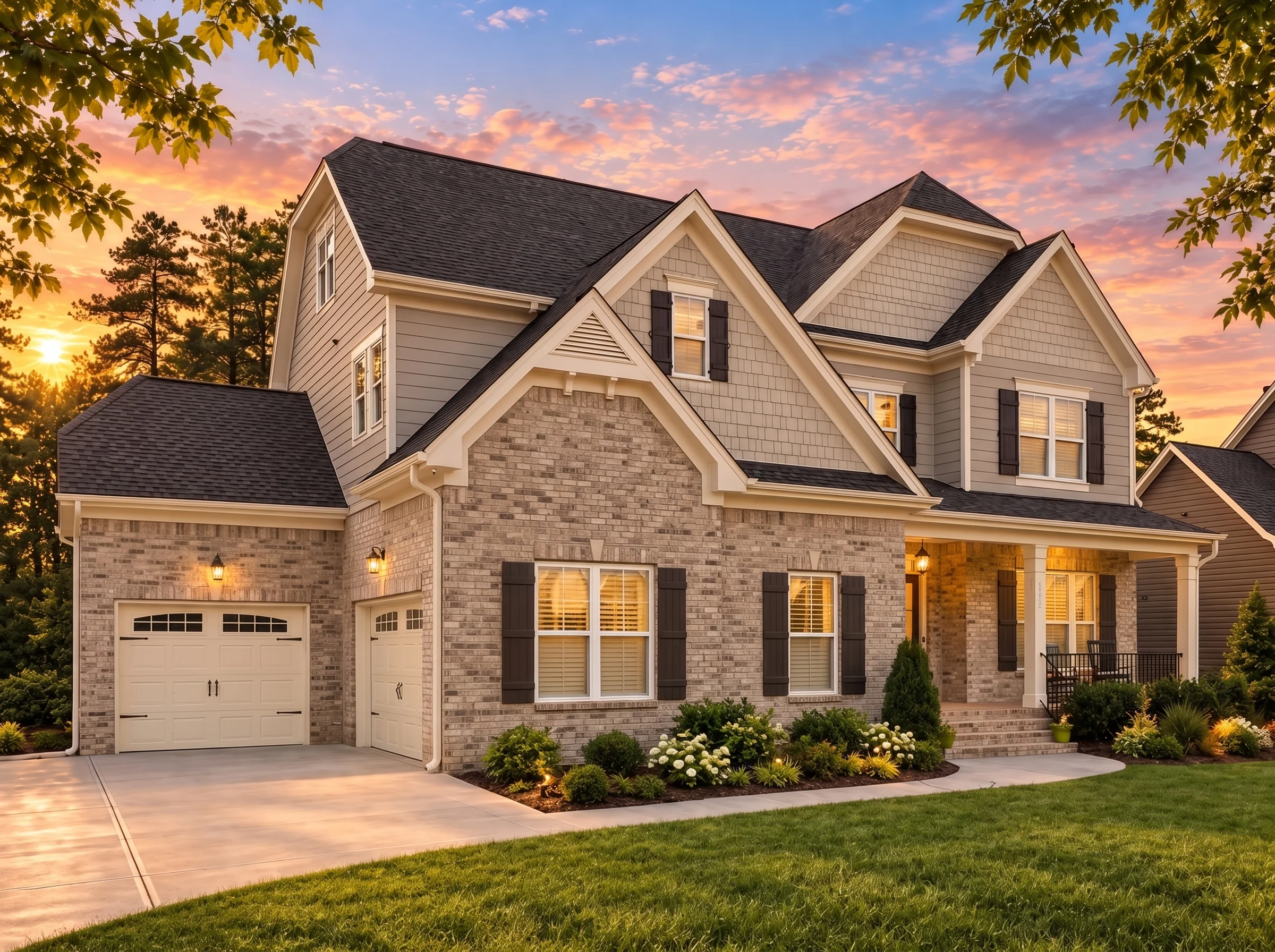 Plan  13-1849 – Auburn Brook Homestead  | New American – 5-Bed, 5-Bath, 3,885 SF - Natural Brick, AI-generated exterior concept