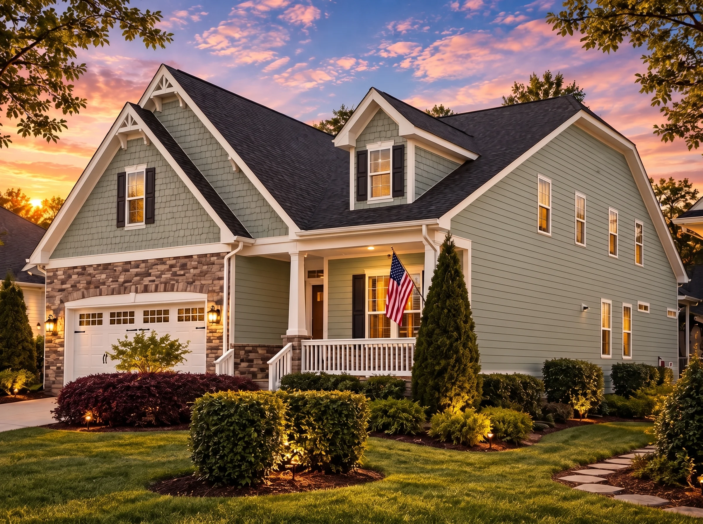 Plan  14-1069 – Cumfrubrum | Dutch  Colonial – 4-Bed, 3-Bath, 3,052 SF - Muted Sage, AI-generated exterior concept