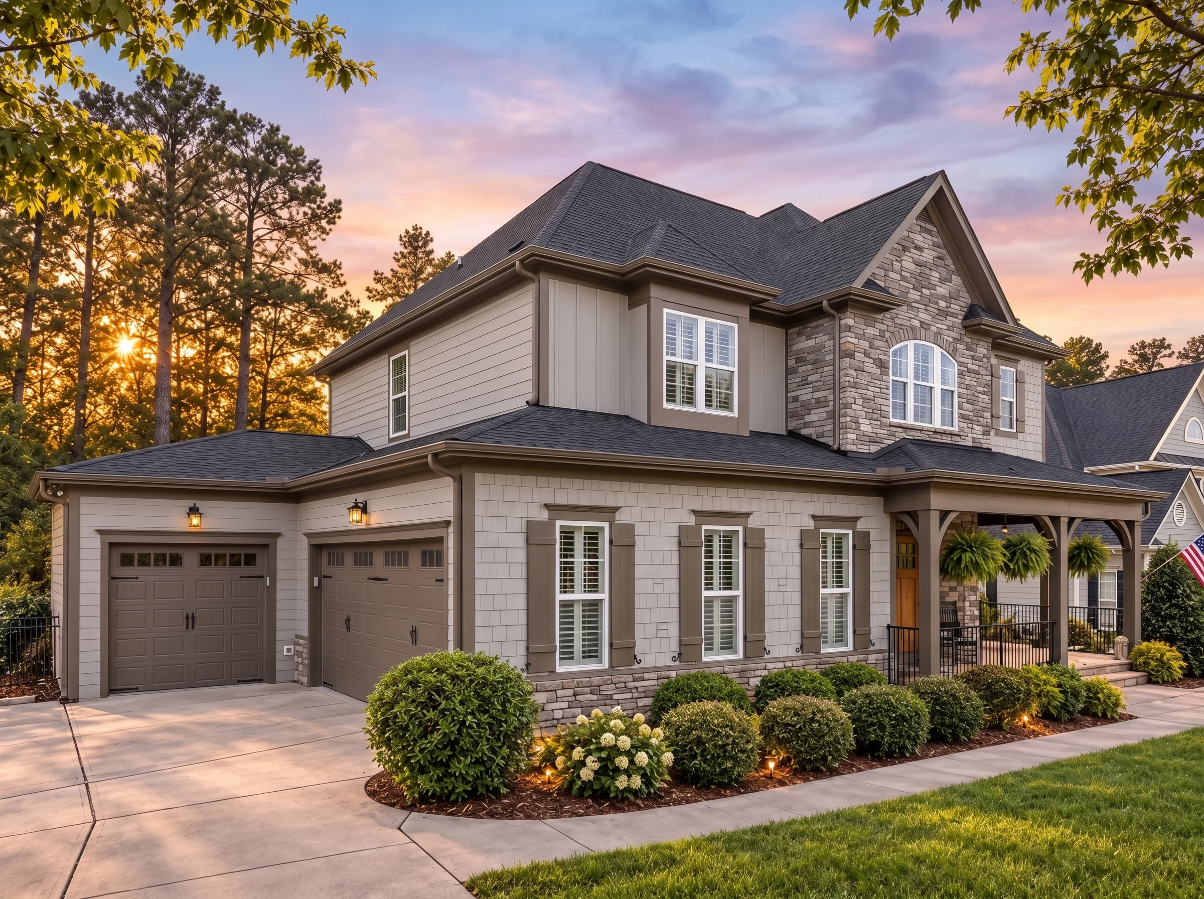 Plan  14-1059 – Bodmin Haven | TNew  American – 5-Bed, 5-Bath, 4,267 SF - Mushroom Taupe, AI-generated exterior concept