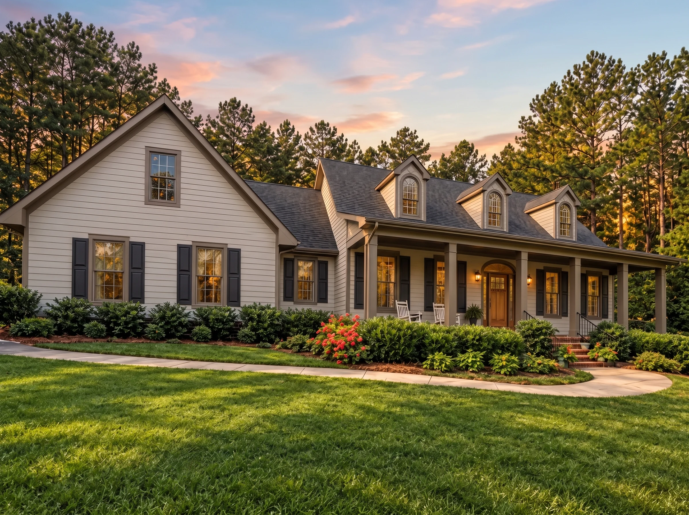 Plan  14-1054 – Auburn Bend Hall |  Traditional Colonial – 4-Bed, 4-Bath, 3,908 SF - Mushroom Taupe, AI-generated exterior concept