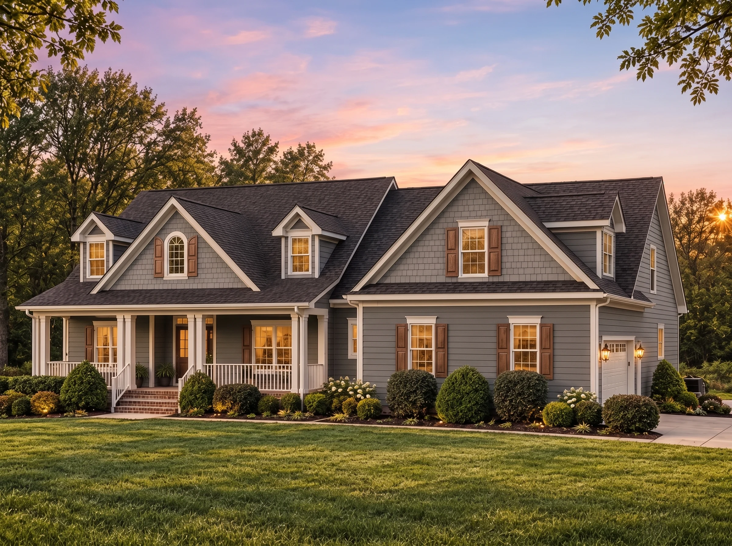 Plan  14-1047 – Aster Pass Farmhouse  | New American – 4-Bed, 3-Bath, 4,289 SF - Warm Charcoal, AI-generated exterior concept