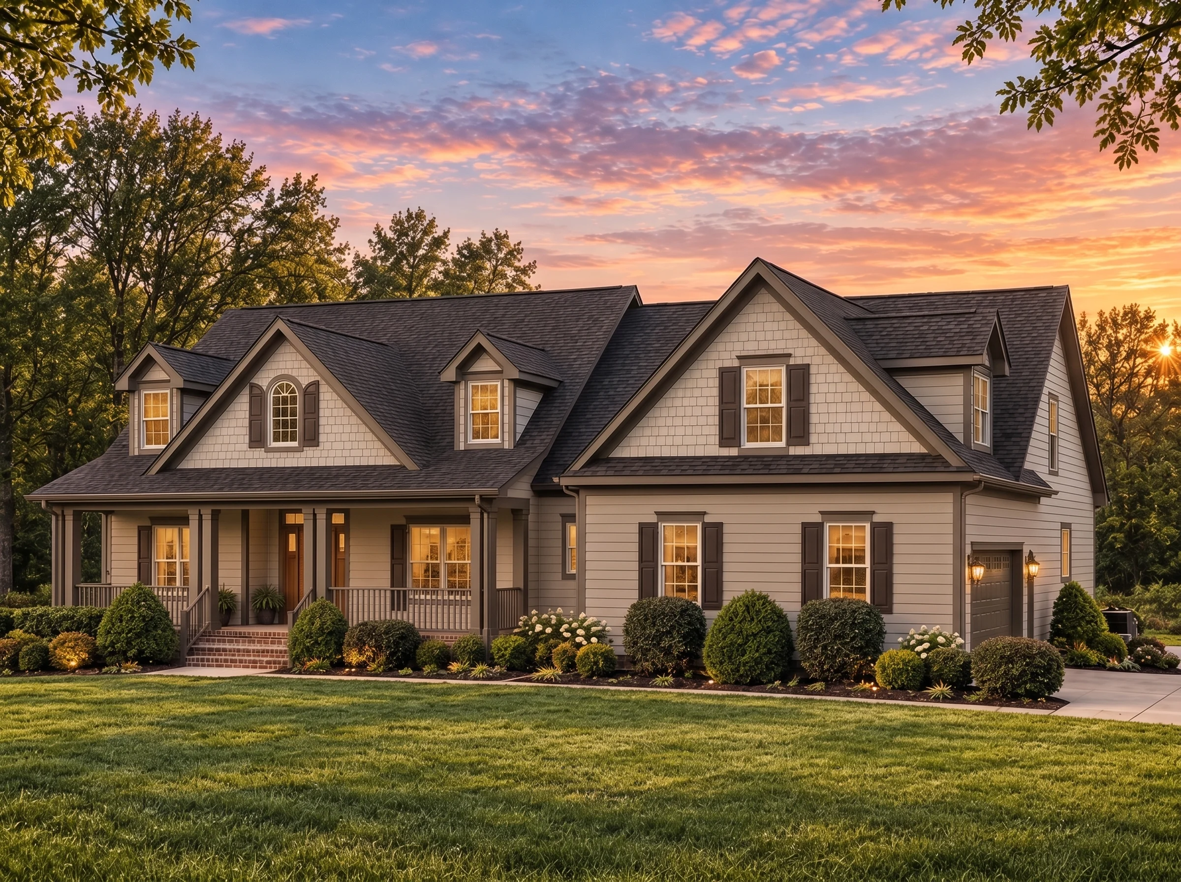Plan  14-1047 – Aster Pass Farmhouse  | New American – 4-Bed, 3-Bath, 4,289 SF - Mushroom Taupe, AI-generated exterior concept
