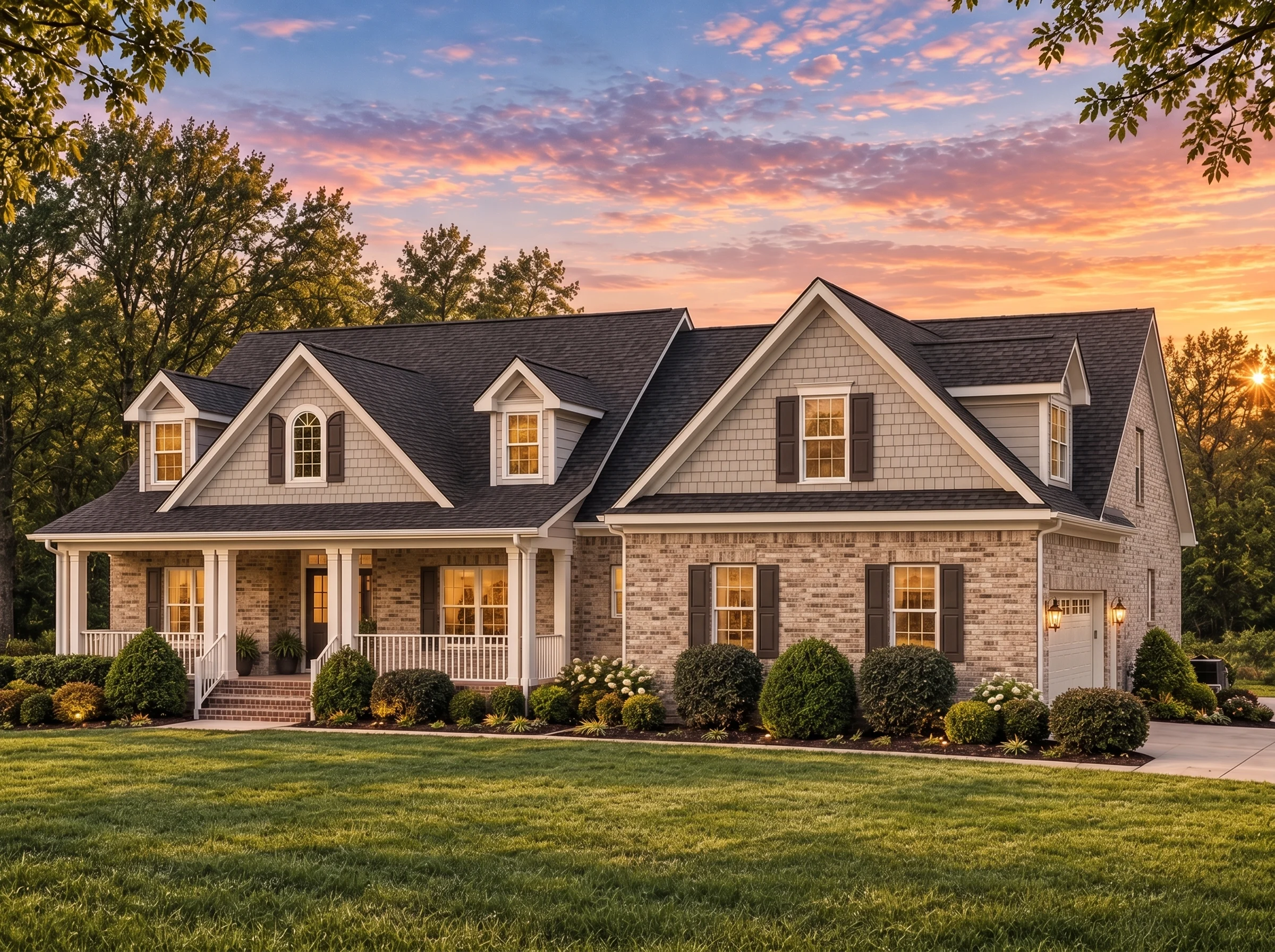 Plan  14-1047 – Aster Pass Farmhouse  | New American – 4-Bed, 3-Bath, 4,289 SF - Natural Brick, AI-generated exterior concept