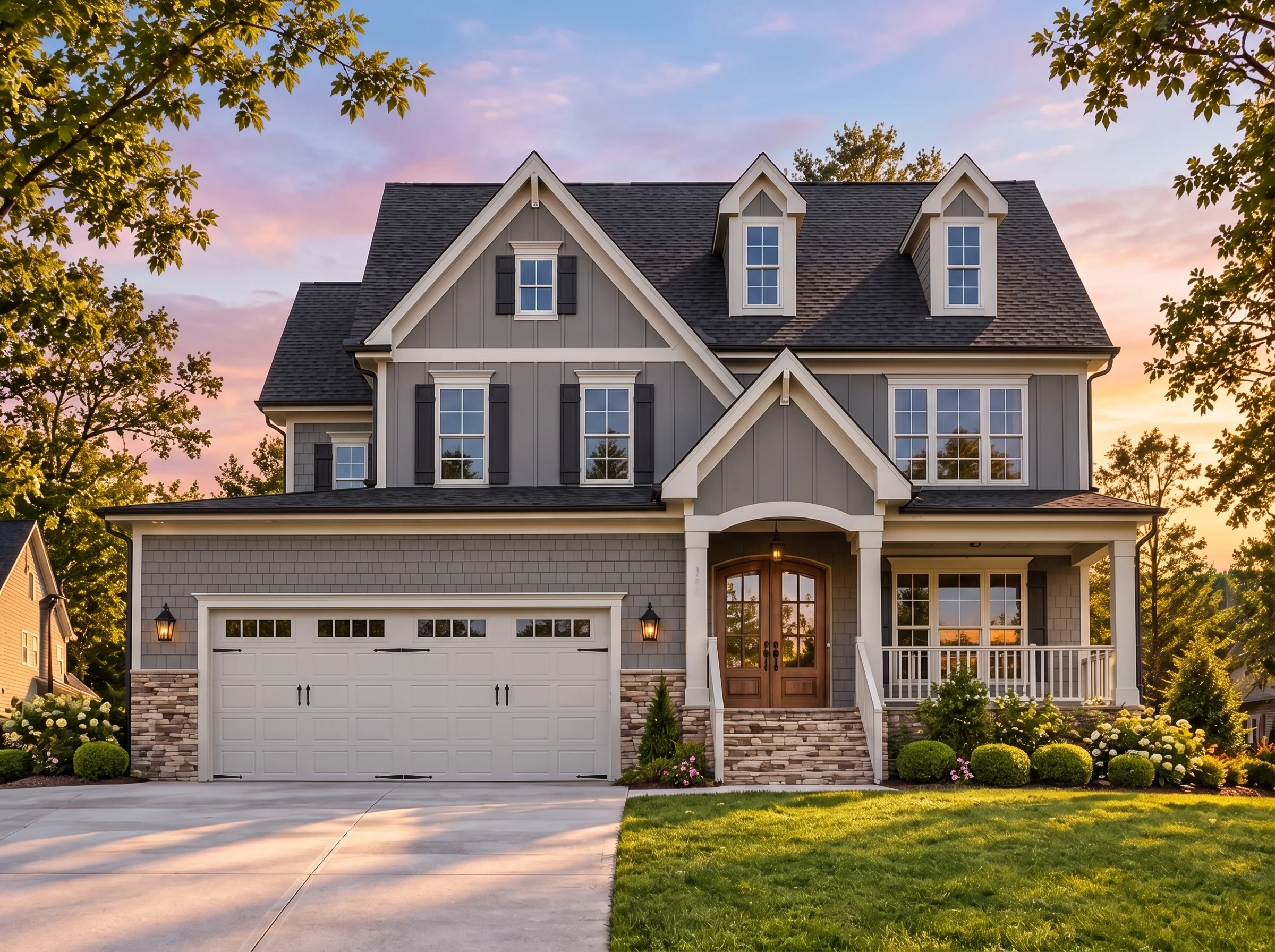 Plan  14-1038 – Aster Field Hall |  New American – 5-Bed, 3.5-Bath, 3,178 SF - Warm Charcoal, AI-generated exterior concept