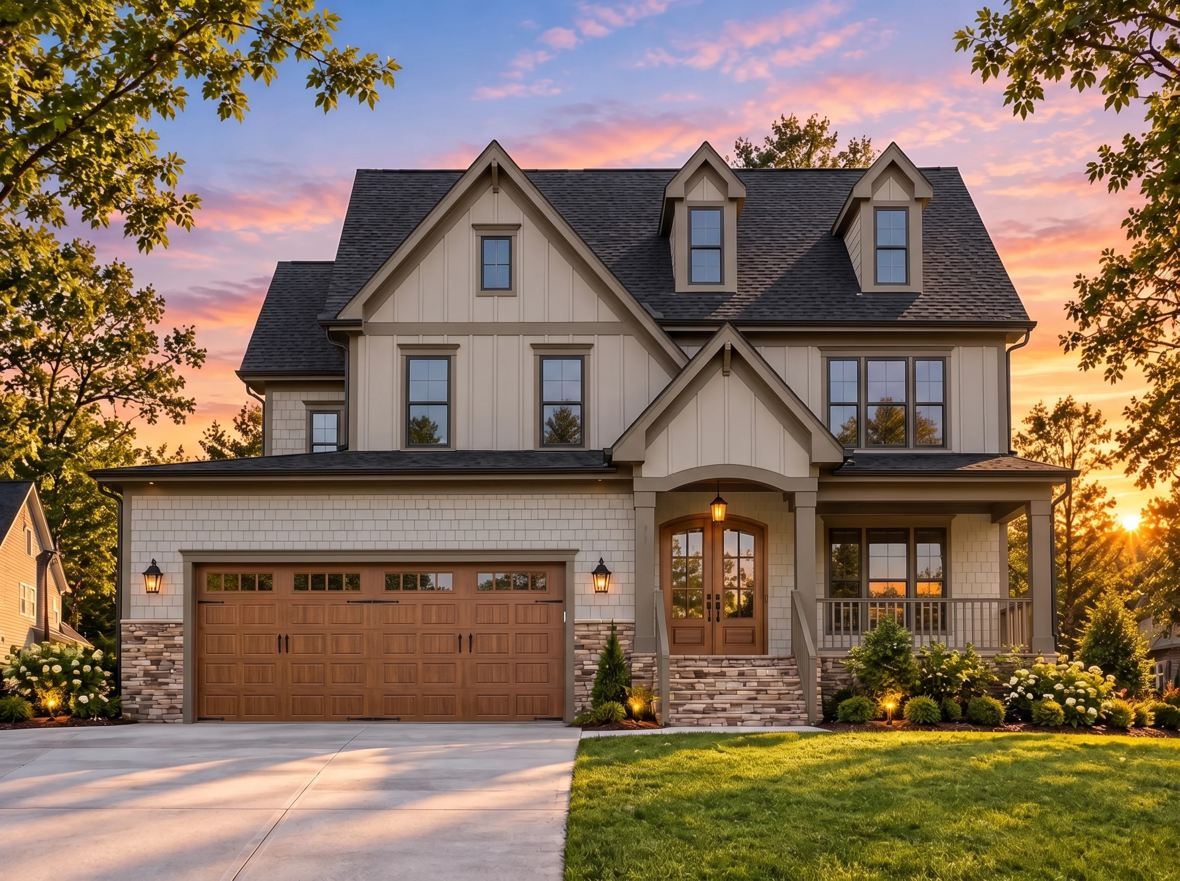 Plan  14-1038 – Aster Field Hall |  New American – 5-Bed, 3.5-Bath, 3,178 SF - Mushroom Taupe, AI-generated exterior concept