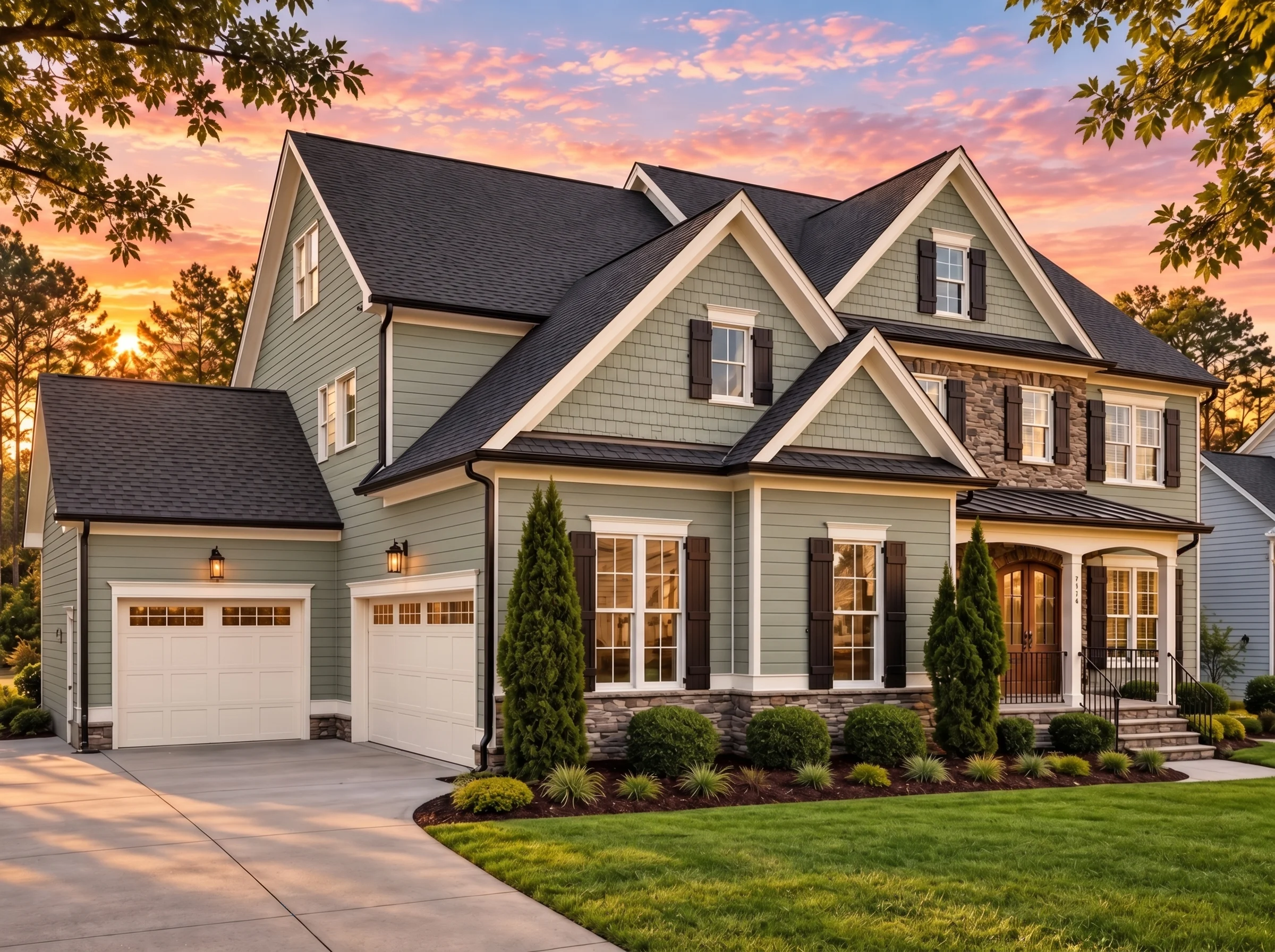 Plan  14-1039 – Cedar Bluff Retreat  | Shingle Style Pool House – 5-Bed, 5-Bath, 3,901 SF - Muted Sage, AI-generated exterior concept