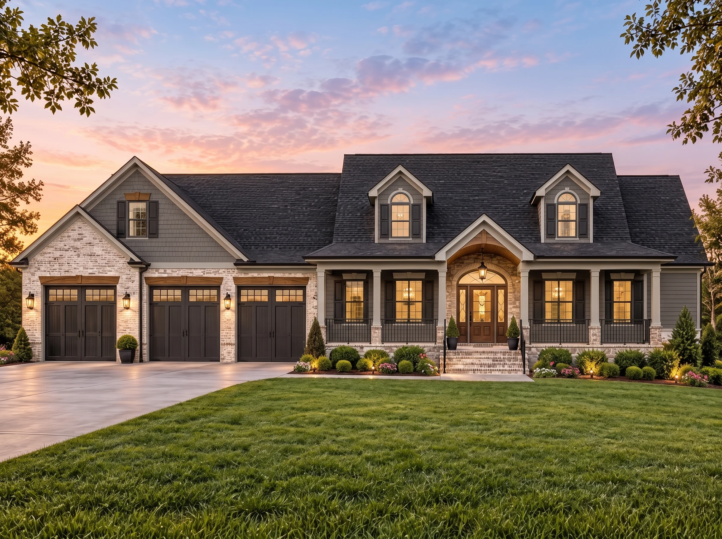 Plan  14-1005 – Oak Ridge House |  Neo-Colonial – 4-Bed, 3.5-Bath, 3,026 SF - Warm Charcoal, AI-generated exterior concept