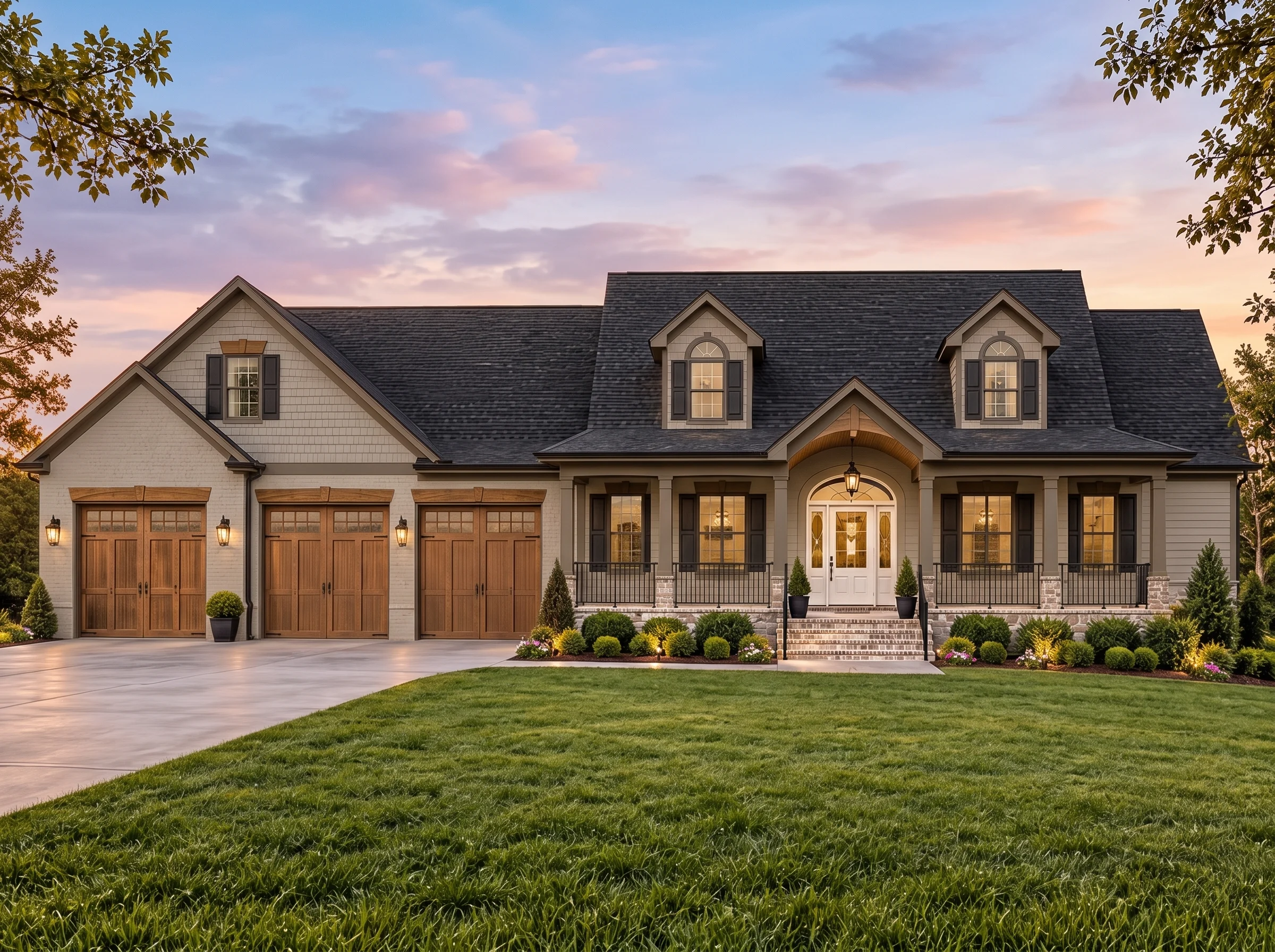 Plan  14-1005 – Oak Ridge House |  Neo-Colonial – 4-Bed, 3.5-Bath, 3,026 SF - Mushroom Taupe, AI-generated exterior concept