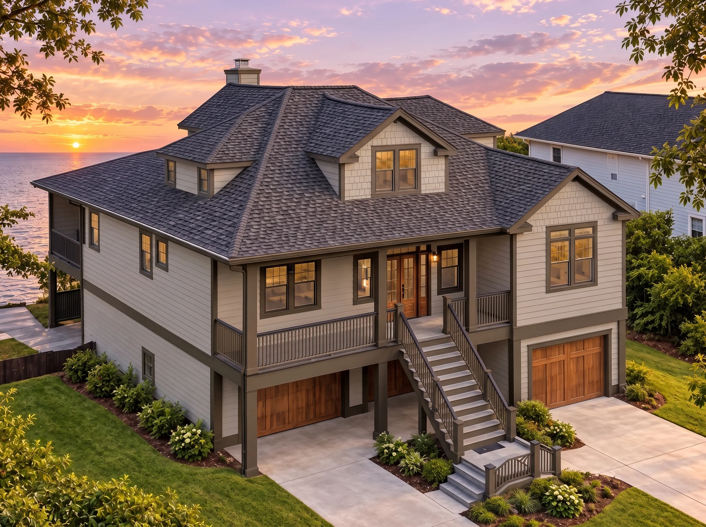 Plan  13-KACZY – Cherry Tree Farm |  Coastal Traditional – 3-Bed, 4.5-Bath, 2,813 SF - Mushroom Taupe, AI-generated exterior concept