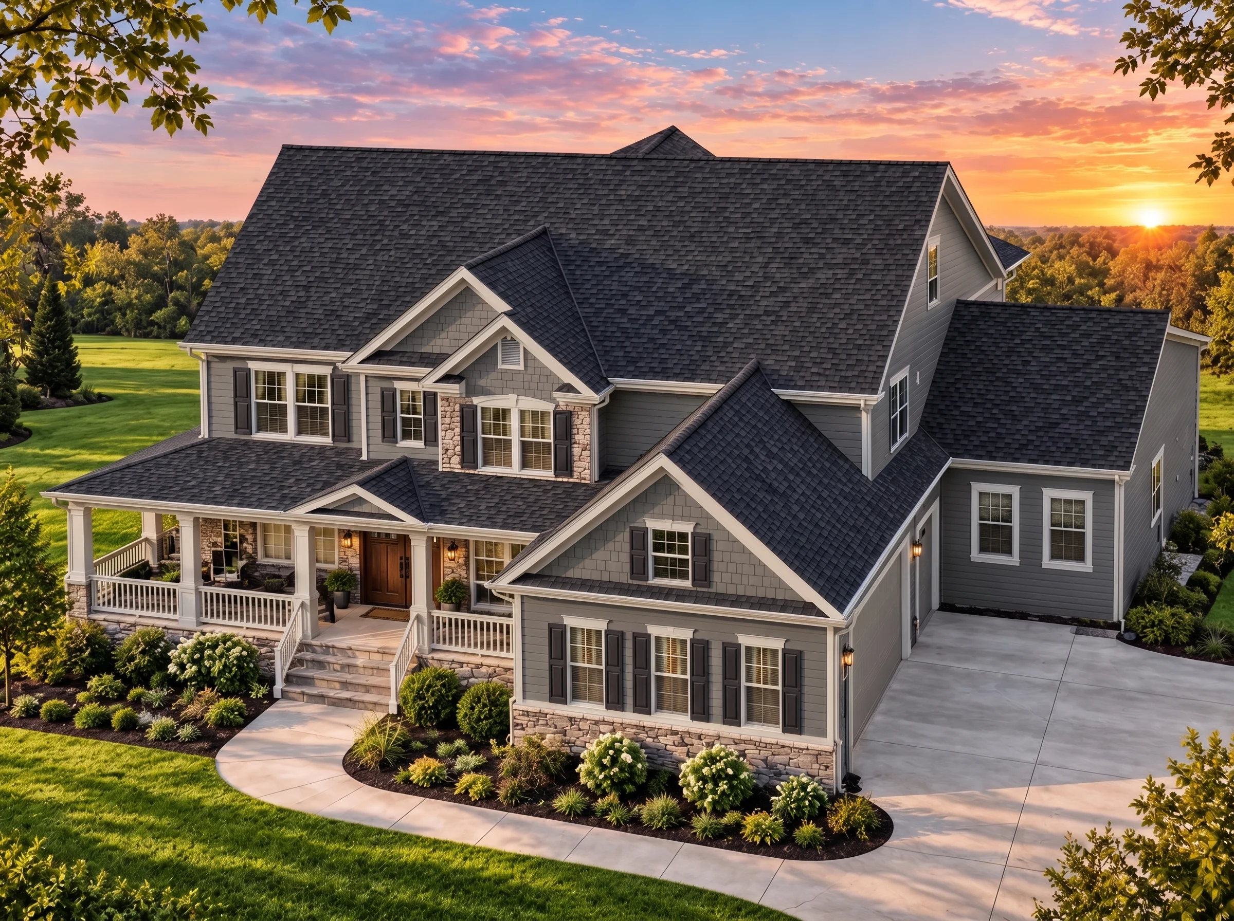Plan  13-2073 – Spruce Run Retreat |  Traditional Colonial – 5-Bed, 5-Bath, 3,821 SF - Warm Charcoal, AI-generated exterior concept