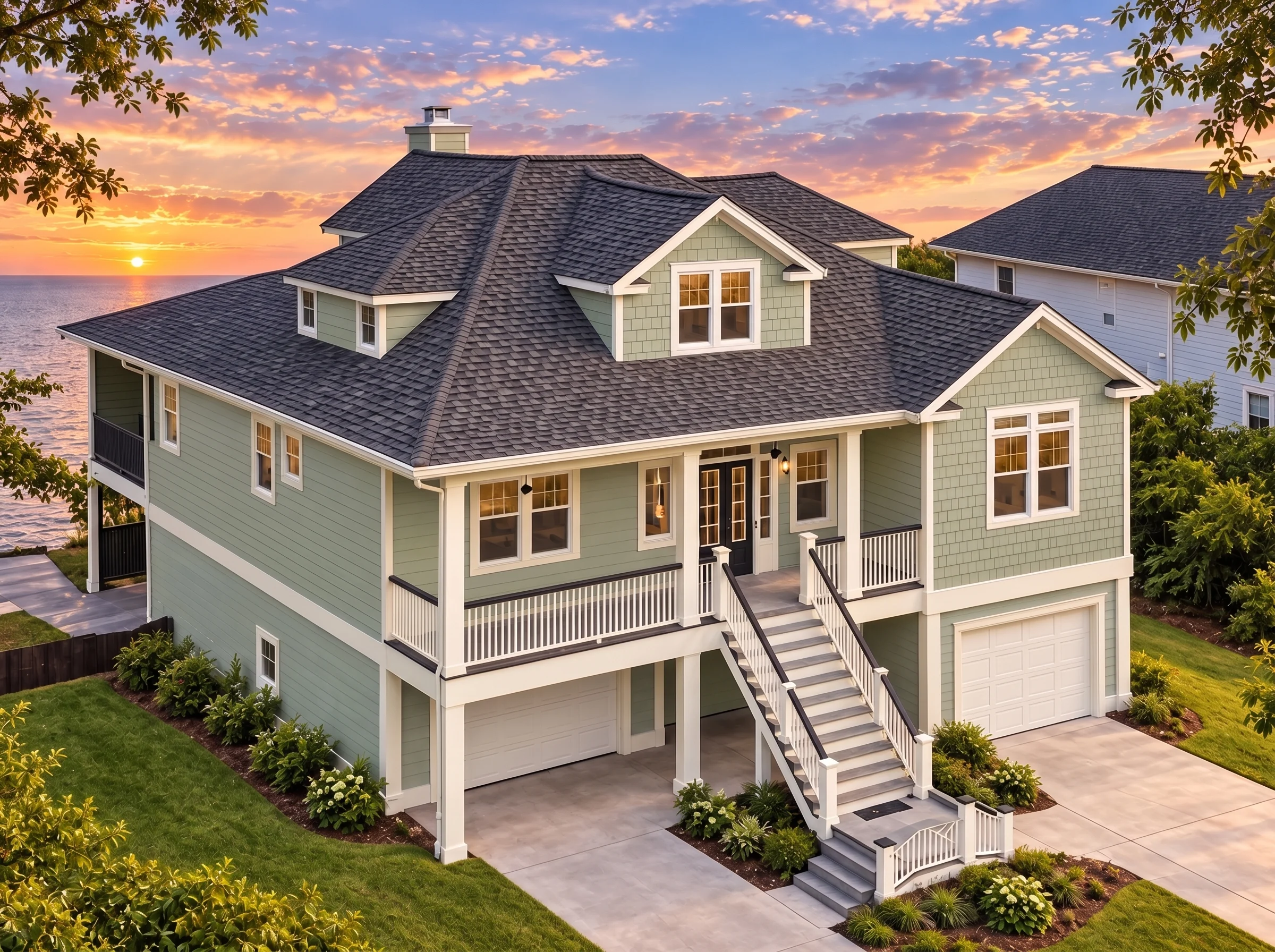 Plan  13-KACZY – Cherry Tree Farm |  Coastal Traditional – 3-Bed, 4.5-Bath, 2,813 SF - Muted Sage, AI-generated exterior concept