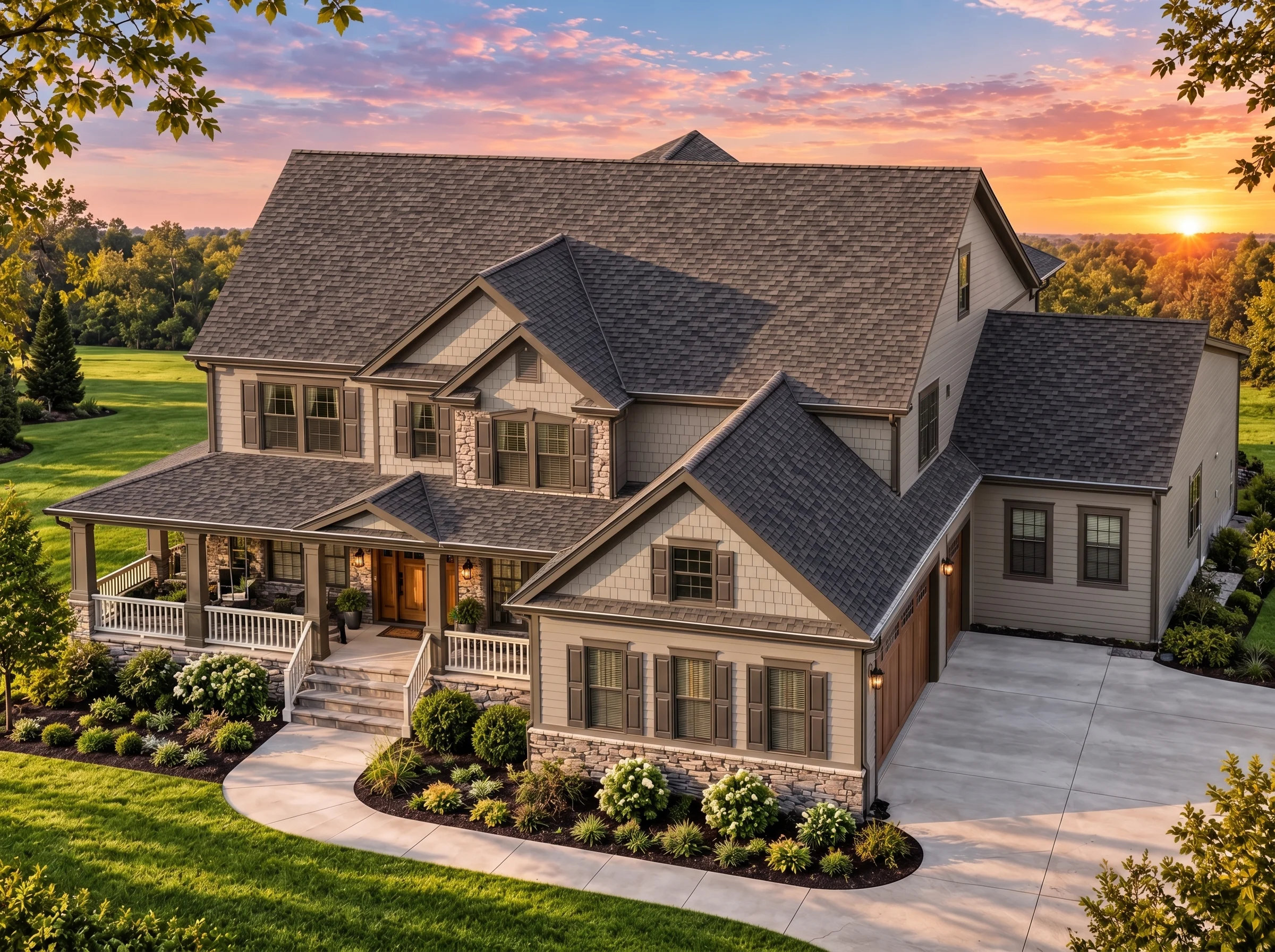 Plan  13-2073 – Spruce Run Retreat |  Traditional Colonial – 5-Bed, 5-Bath, 3,821 SF - Mushroom Taupe, AI-generated exterior concept