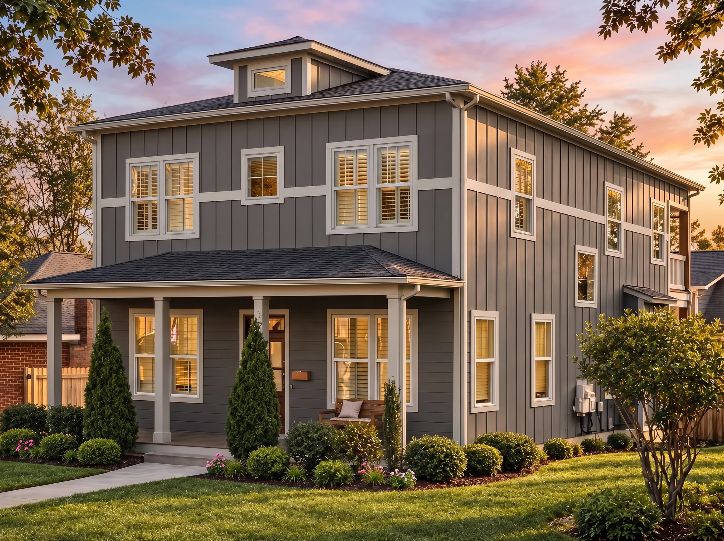 Plan  14-1135 – Chestnut Hill Residence | American Foursquare – 4-Bed, 3-Bath, 2,500 SF - Warm Charcoal, AI-generated exterior concept
