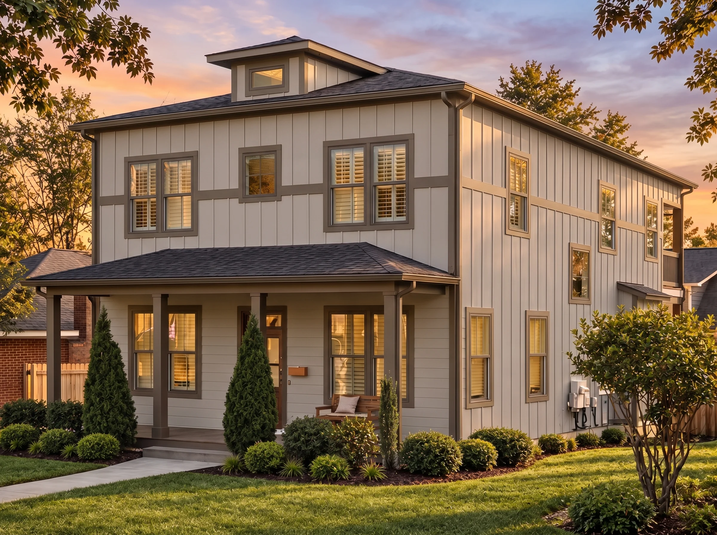 Plan  14-1135 – Chestnut Hill Residence | American Foursquare – 4-Bed, 3-Bath, 2,500 SF - Mushroom Taupe, AI-generated exterior concept