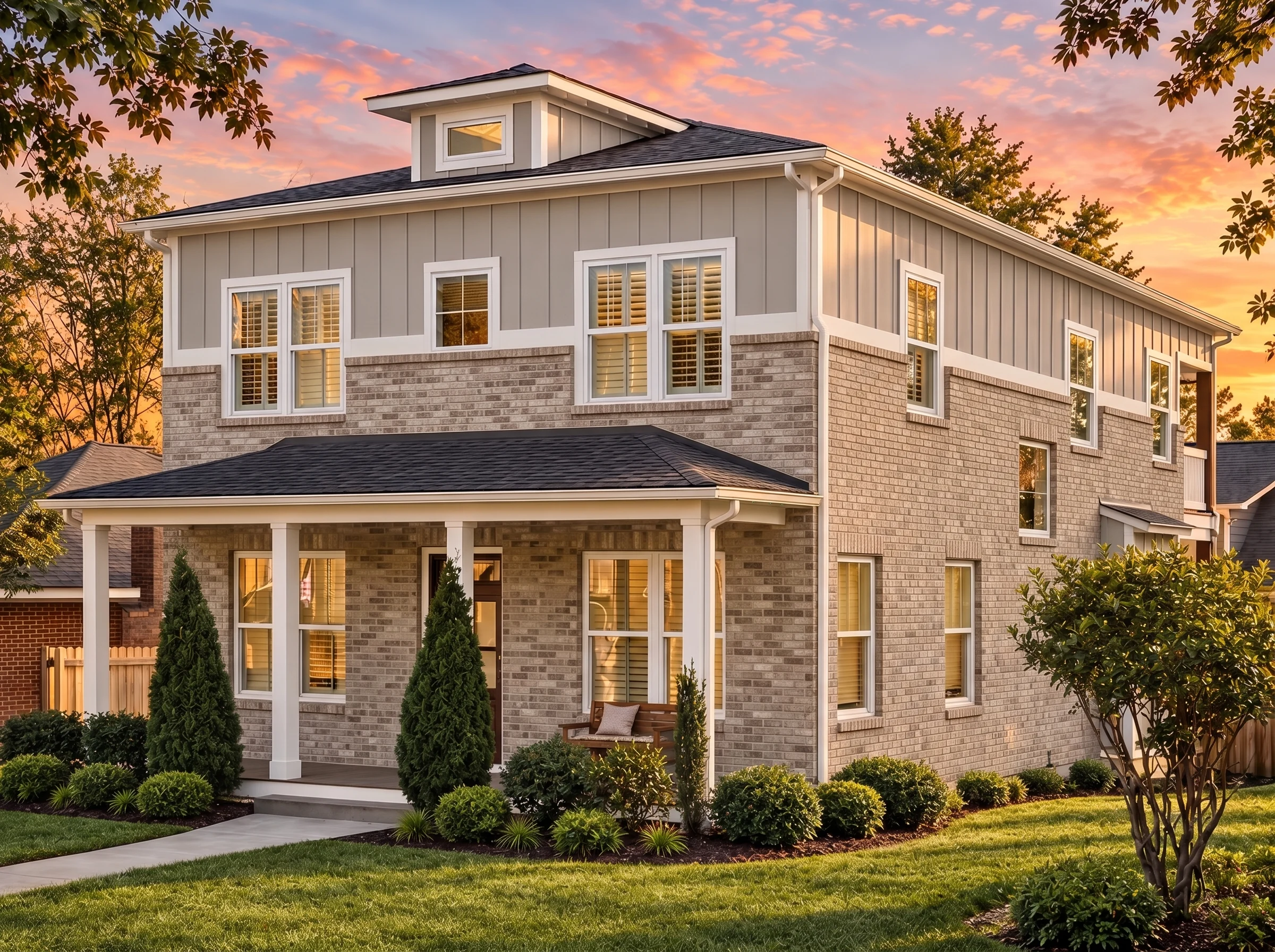 Plan  14-1135 – Chestnut Hill Residence | American Foursquare – 4-Bed, 3-Bath, 2,500 SF - Natural Brick, AI-generated exterior concept