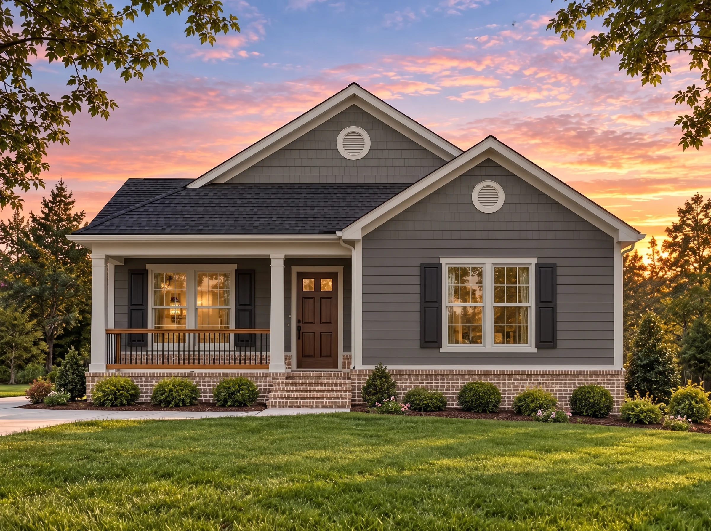 Plan  14-1107 – Match Estate |  Traditional Ranch – 3-Bed, 2.5-Bath, 1,080 SF - Warm Charcoal, AI-generated exterior concept