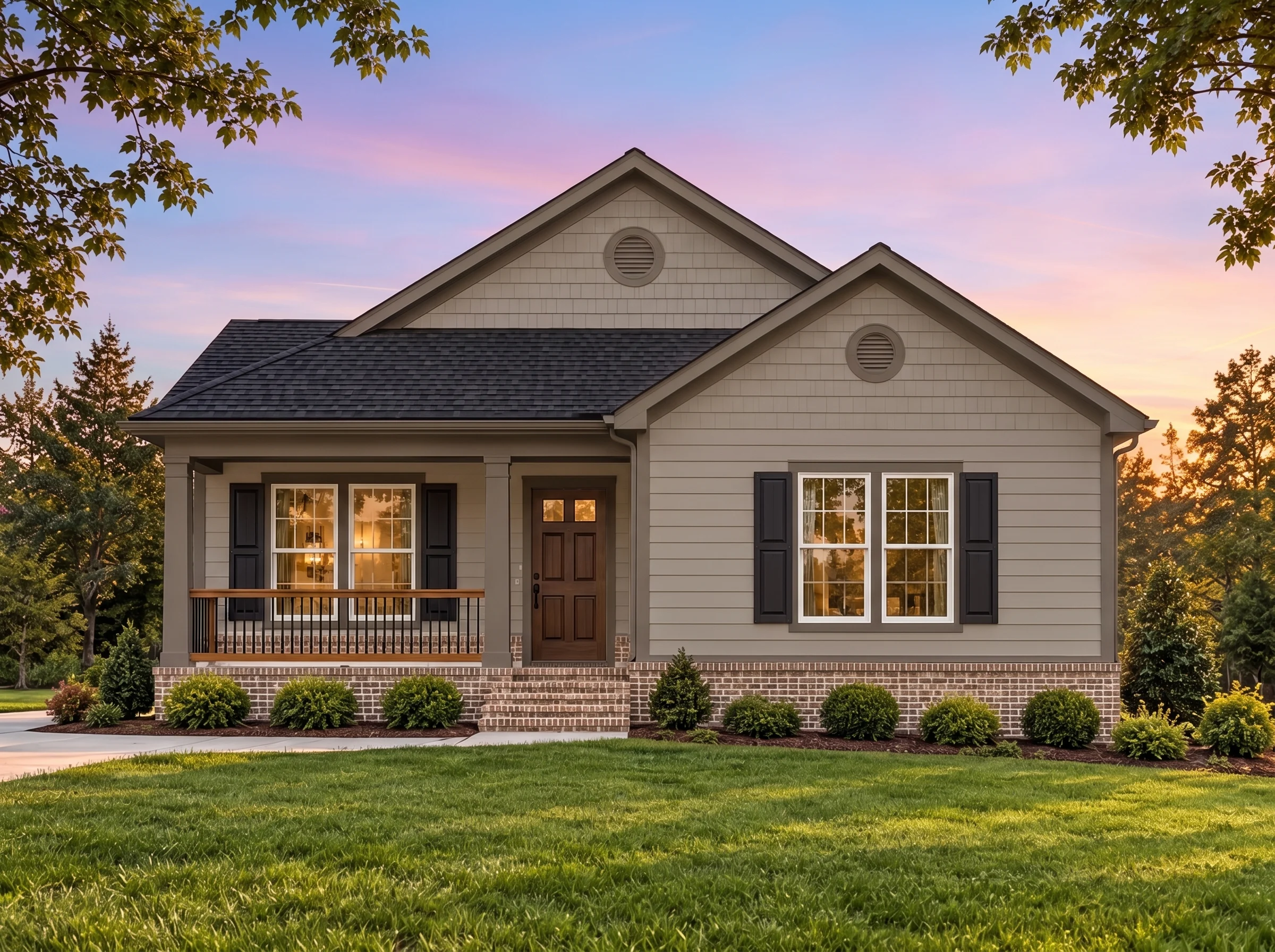 Plan  14-1107 – Match Estate |  Traditional Ranch – 3-Bed, 2.5-Bath, 1,080 SF - Mushroom Taupe, AI-generated exterior concept