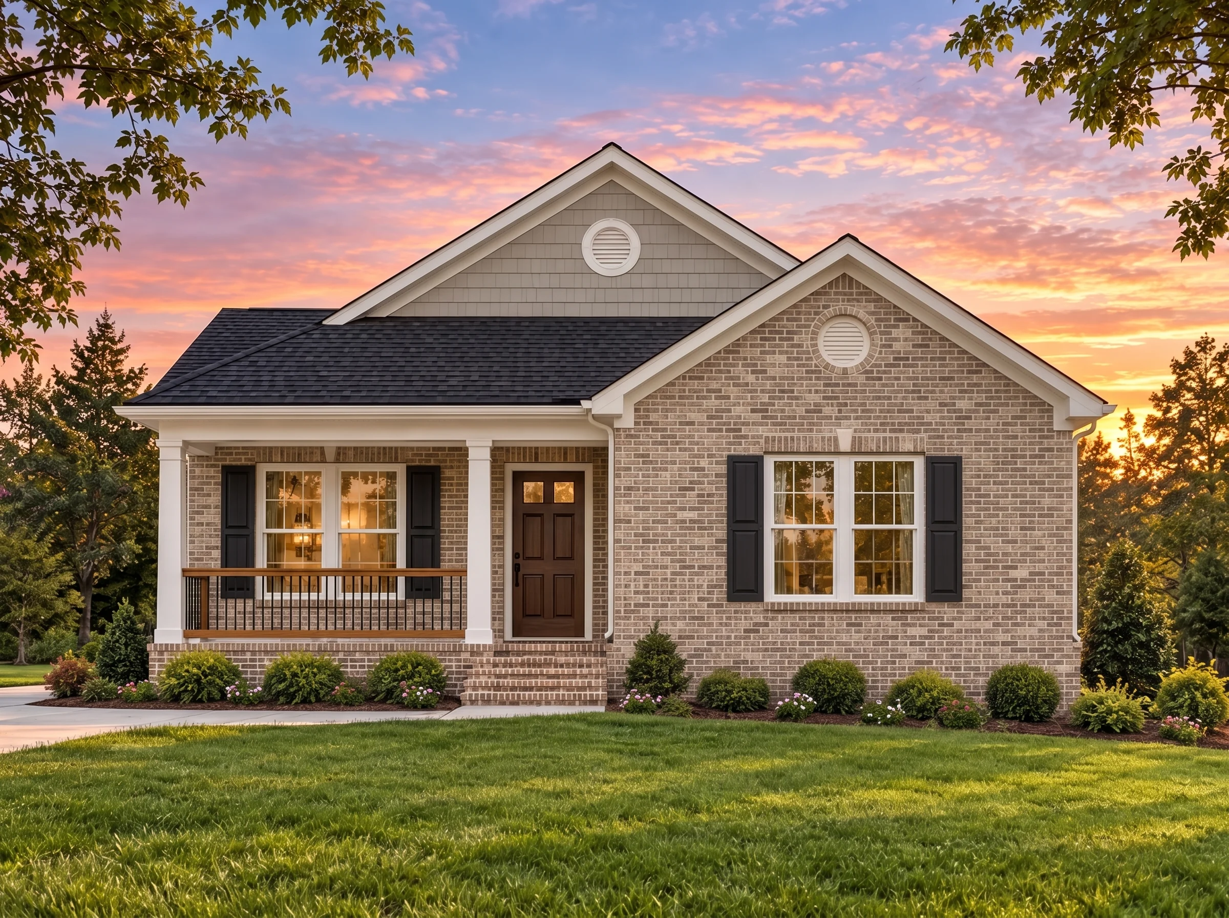 Plan  14-1107 – Match Estate |  Traditional Ranch – 3-Bed, 2.5-Bath, 1,080 SF - Natural Brick, AI-generated exterior concept