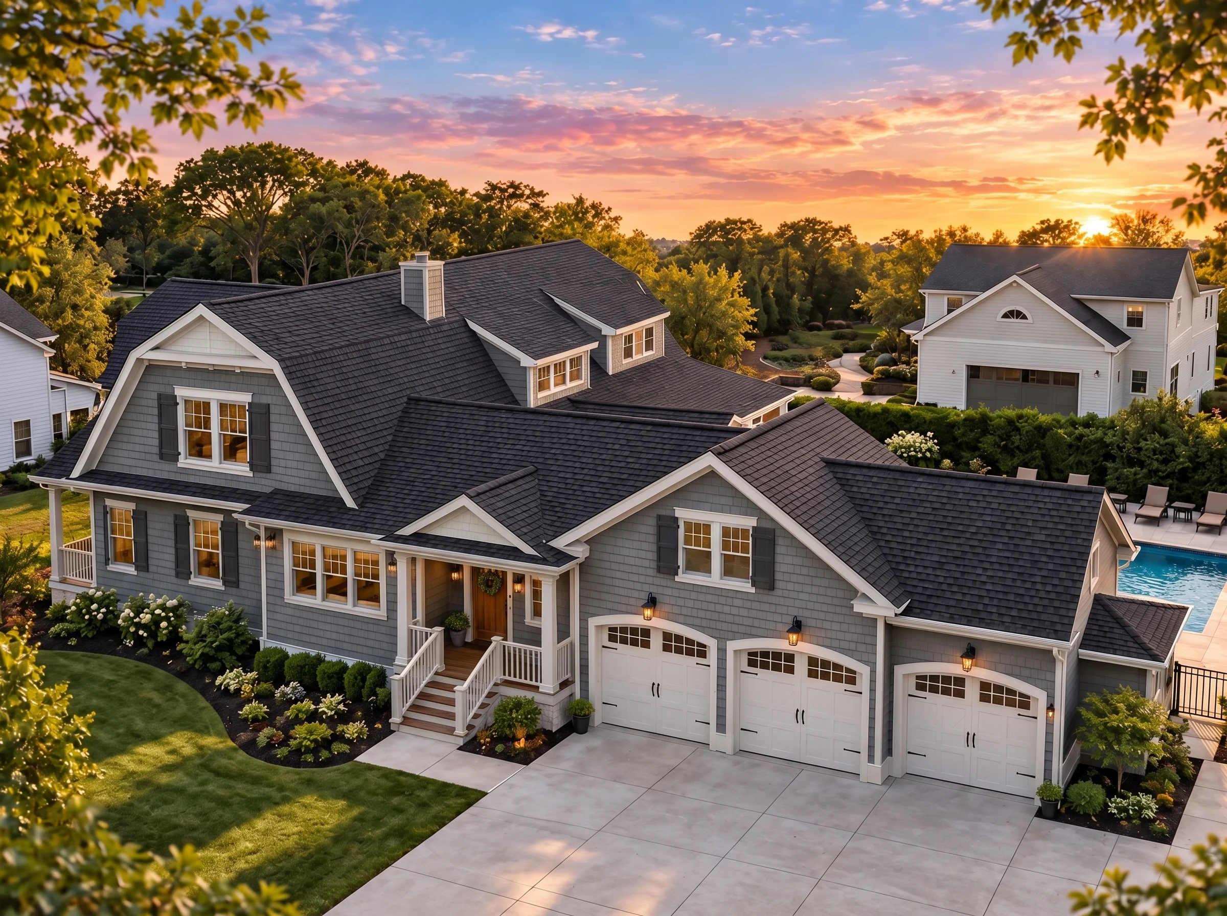 Plan  14-1085 – Legend Retreat |  Shingle Style – 4-Bed, 4-Bath, 4,651 SF - Warm Charcoal, AI-generated exterior concept